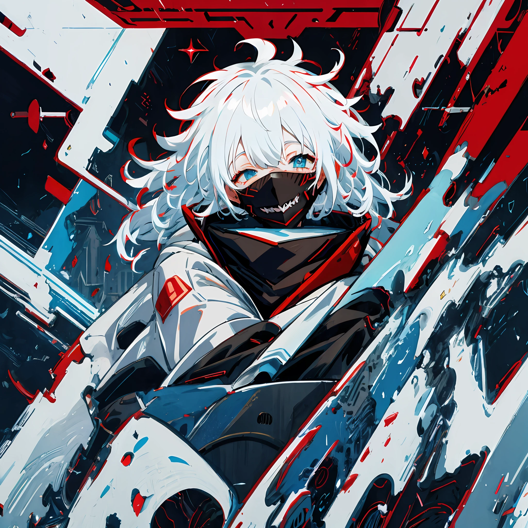 Anime humanoid monster, character design,wearing a futuristic mouth mask,grin,boy,maniac,deranged look,messy unkept hair,hair covering right eye, vibrant eye color,red and blue eyes,(white hair), close up shot, creating a crack in reality, powerful aura, destroyed city, very dark,night,8k,64k, HD, unparalleled masterpiece, dynamic lighting, cinematic, epic