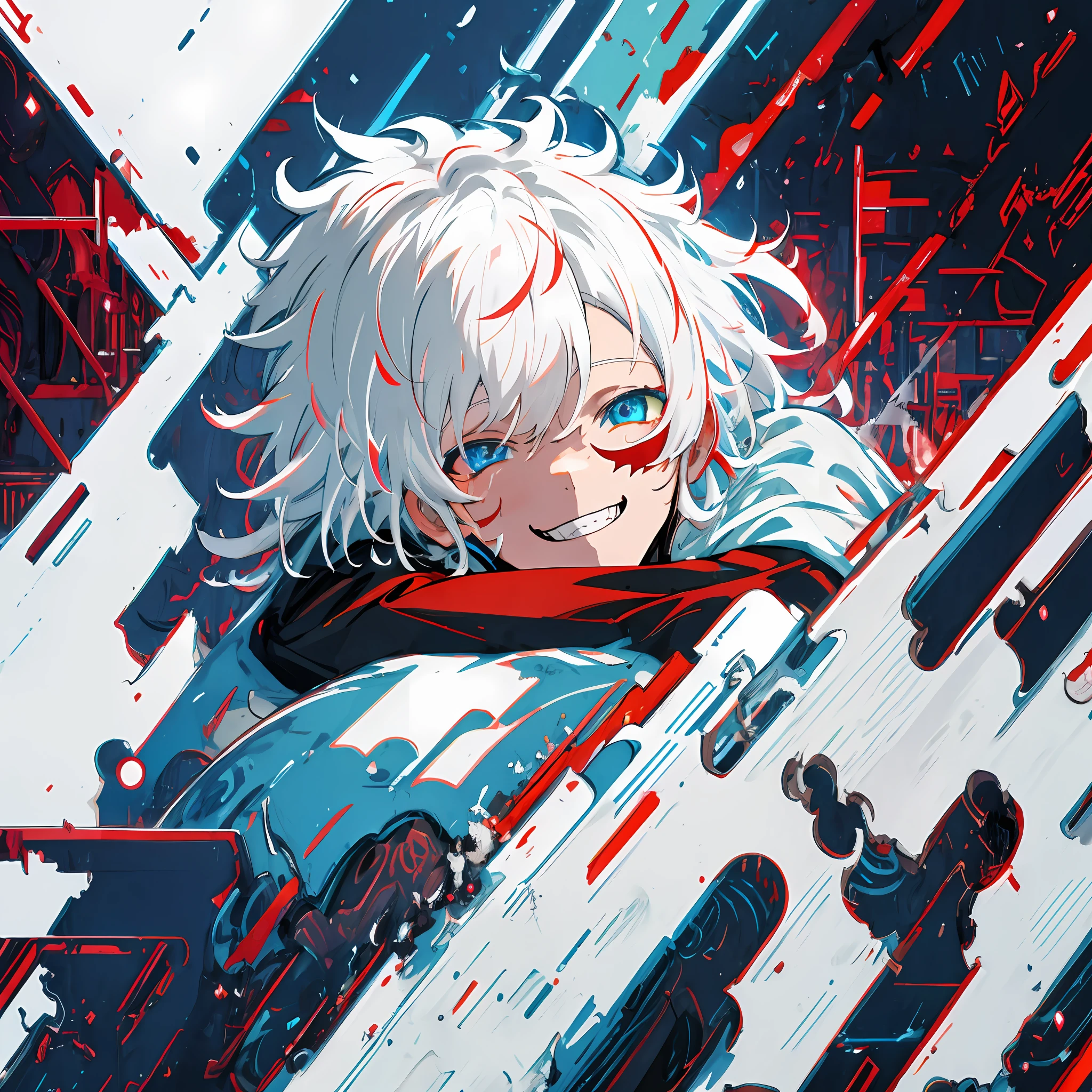 Anime humanoid monster, character design,wearing a futuristic mouth mask,grin,boy,maniac,deranged look,messy unkept hair,hair covering right eye, vibrant eye color,red and blue eyes,(white hair), close up shot, creating a crack in reality, powerful aura, destroyed city, very dark,night,8k,64k, HD, unparalleled masterpiece, dynamic lighting, cinematic, epic