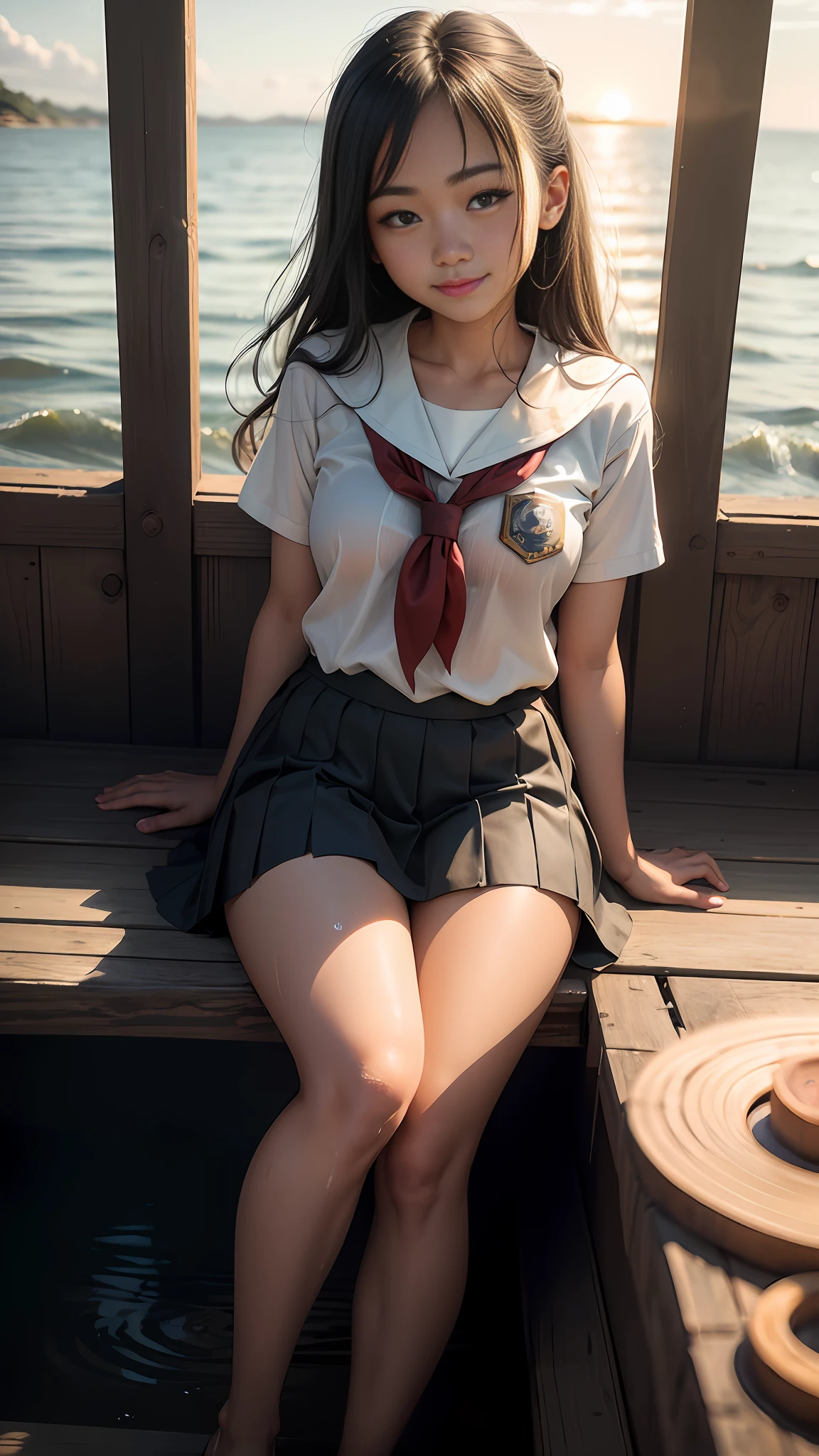 Highest quality, full body detail, golden ratio, (theater lighting: 0.7), masterpiece, viewer angle shot, beautiful smile, (18 years old filipina japanese girl sweaty ), looking straight mysteriously happy, siting on the sea side (wearing wet on sweat school uniform), long brown messy straight hair, sunset, full body portrait, perfect face, amazing eyes, vivid details, (highly detailed skin), accent lighting, depth of field, old camera, conscious, digital grain, war photography, dogs perspective view angle photoshoot, from bottom to top