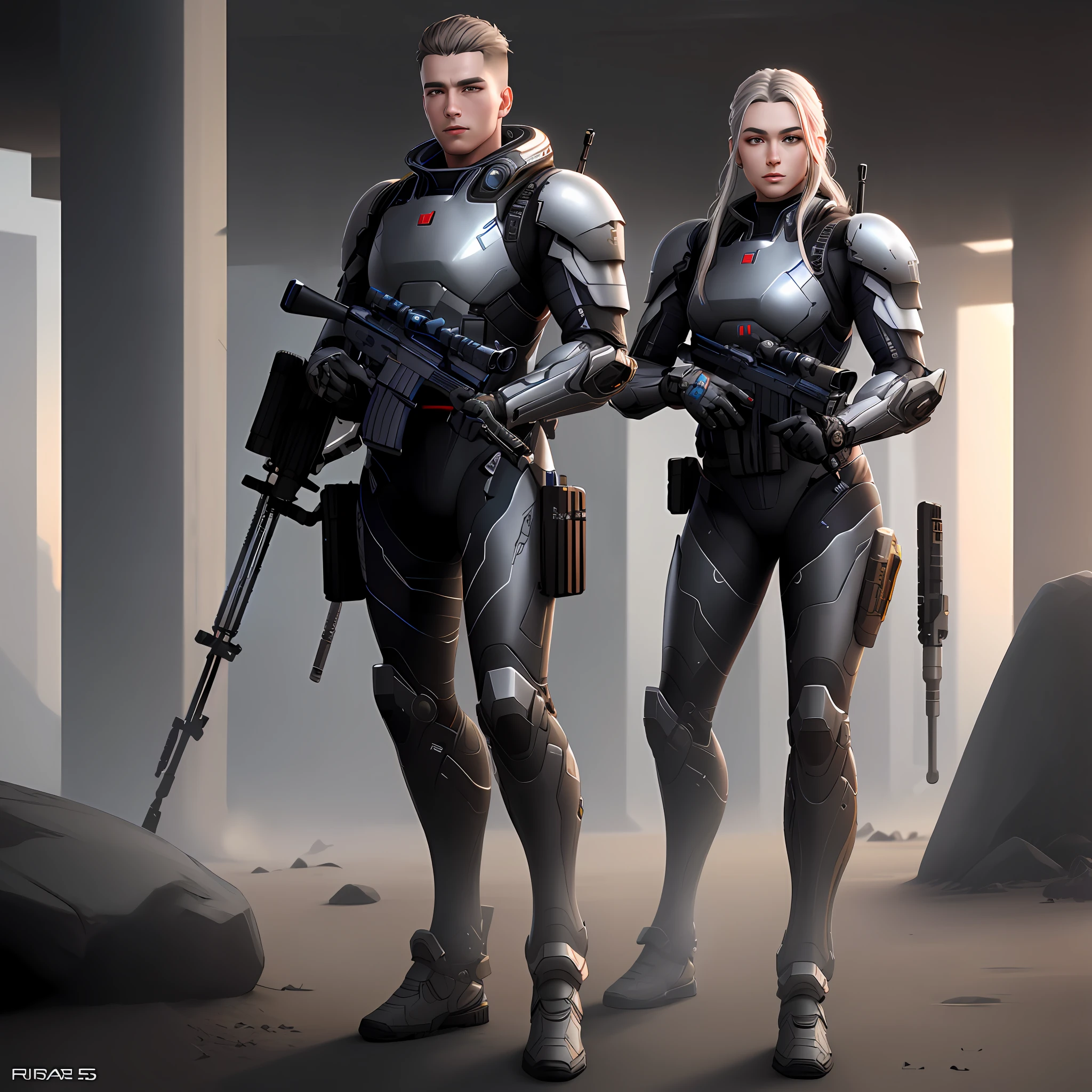 there are two people in futuristic suits standing next to each other, realistic soldiers, smooth digital concept art, future soldier clothing, wearing futuristic armor, diverse cybersuits, wlop and andrei riabovitchev, sci fi characters, medium shot of two characters, amazing 8k character concept art, bionic scifi alexandre ferra, futuristic soldier, pristine concept art