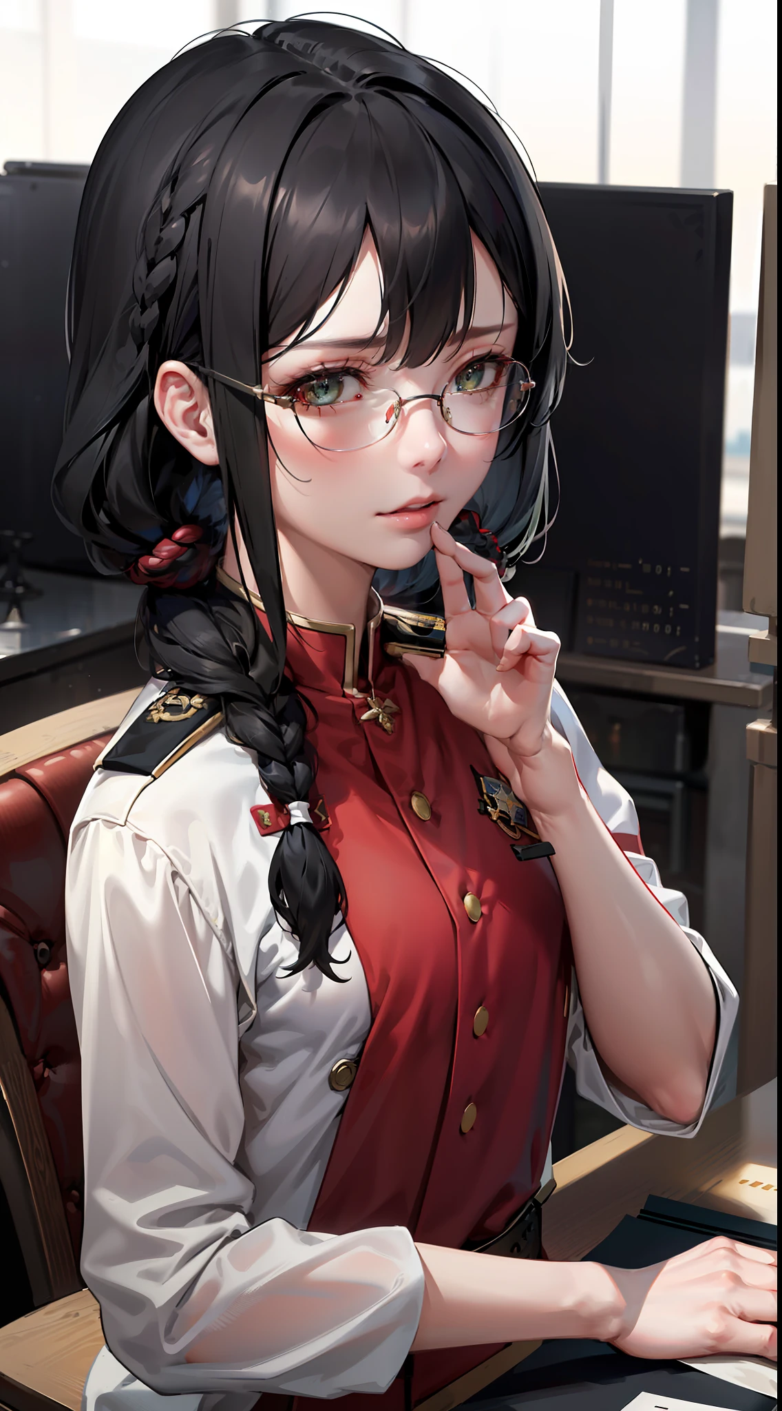 Beautifully detailed delicate face, detailed beautiful delicate eyes, perfect facial proportions, high-detailed skin, fine skin, best ratio four fingers to one thumb, masterpiece, detail High resolution, realistic, matching hair style and face shape, highest face resolution, adult, woman dressed modestly, completely dressed,( small, black hair, straight black braided hairstyle, Highest resolution 2 pigtails, straight bob bangs, red glasses, dark green eyes), armed forces, professor, ( academic uniform, scientist uniform, red shirt, white shirt), world future, science fiction, warship, standing on an aircraft carrier, government agency, deep intelligent personality, calm expression, respectful face, war, warplane