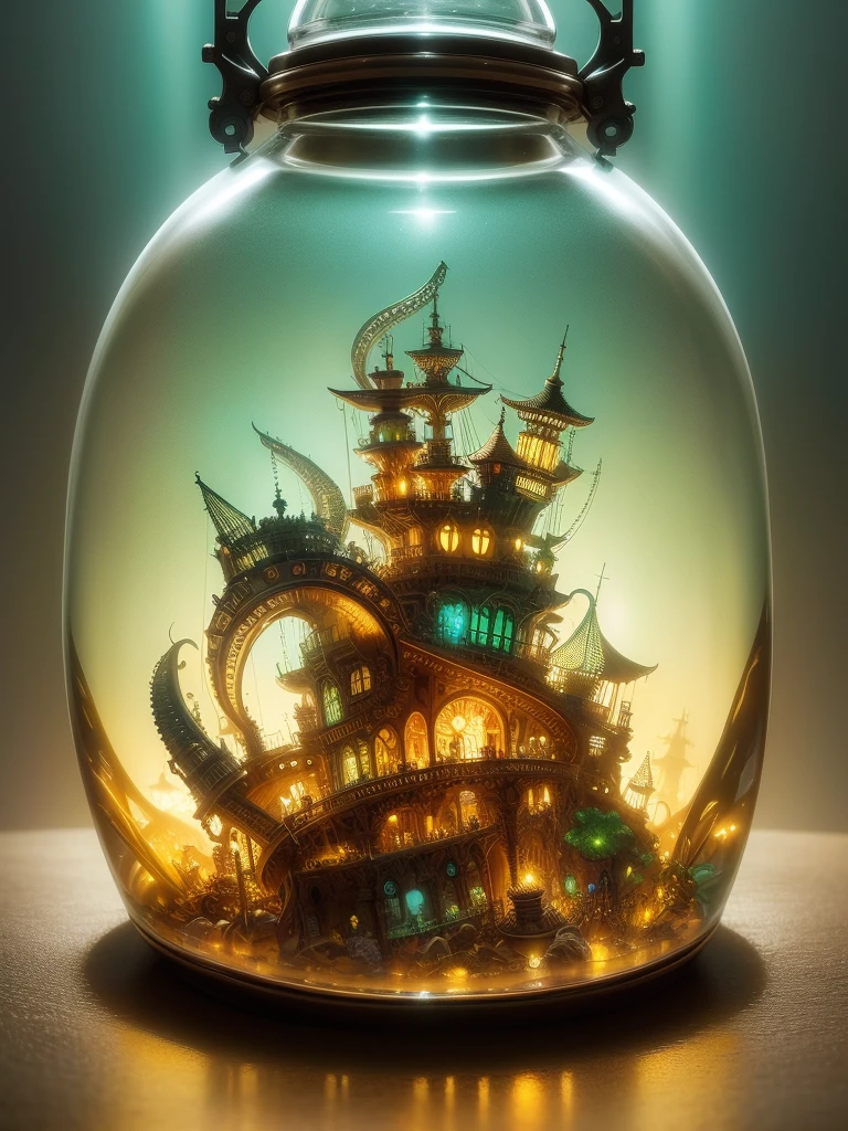 dreamlikeart, bioluminescent fluorescent liquid in a bottle, thick glass, steampunk detail, hazy, chromatic aberration, reflection, crazy detail, intricate detail, hyperdetailed, photorealistic, photo, canon, fantastic, artistic, hyperdetailed photorealistic Doctrine by greg rutkowski
