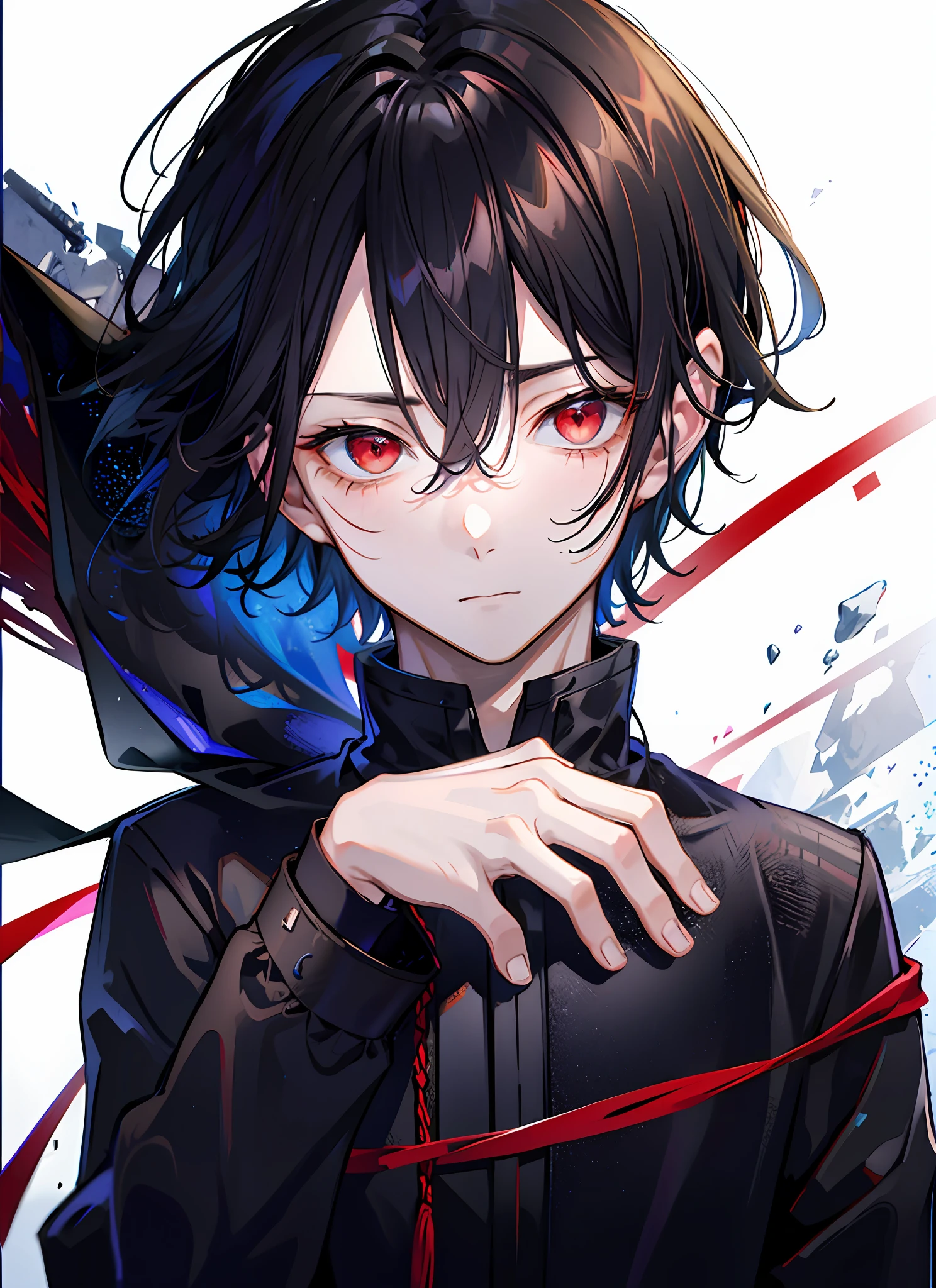 Attention on his head, a young man with short and curly black hair, is adorned with a black cloth. Detail his face, focus on his calm expression and striking red eyes.