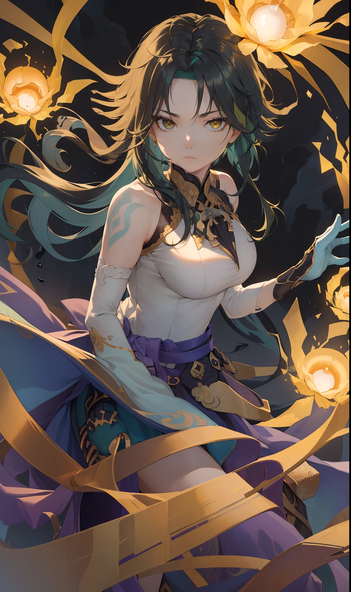 (Masterpiece, Best Quality, High Quality, Highres:1.4), Detailed, Extremely Detailed, Ambient Soft Lighting, 4K, Ornate, ((Xiao:1.5, Genshin Impact)), 1Girl, (Solo:1.4), (Milf:1.2), Standing, Upper Body, (Face Focus:1.2), (green hair:1.2, black hair:0.5, Extremely Detailed Hair:1.2), Long Hair, Long Sidelocks, Expressionless, Emotionless, (yellow eye:0.9 golden Eye:1.4, Looking at Viewer:1.2), Curvy, Huge Breasts, Skindentation, (Bursting Breasts:1.2), (Cleavage, Strapless, white Dress, Frilled dress, short Skirt, Puffy Skirt),