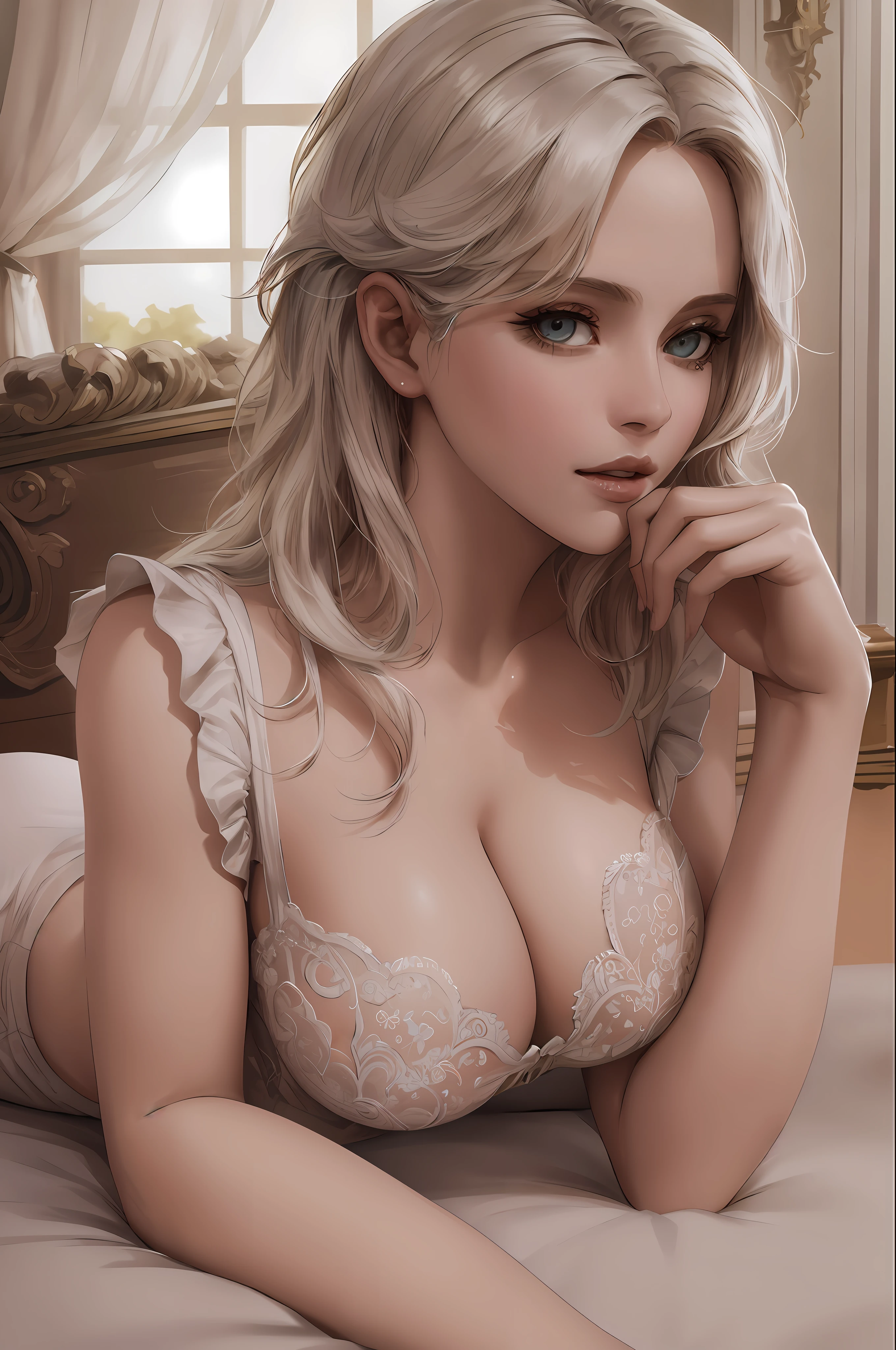 ciri ,masterpiece:1.2, best quality), eyes contact, cleavage, realistic, lie on the bed, (spreading legs) ,medium tits, (real picture, intricate details, depth of field), (1girl, solo), highly-detailed, perfect face, sexy, bra