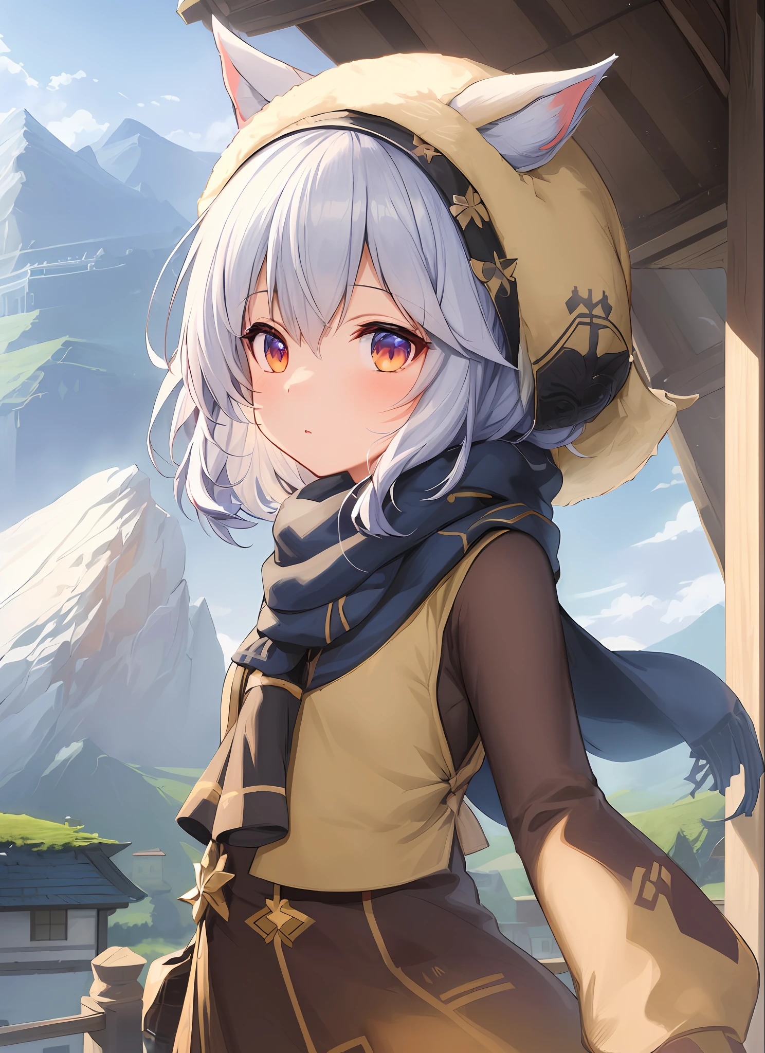 anime girl with a cat hat and a scarf standing in front of a mountain, crisp clear rpg portrait, ayaka genshin impact, anime visual of a cute girl, smooth anime cg art, girl of the alps, artwork in the style of guweiz, guweiz, rin, detailed digital anime art, lalafell
