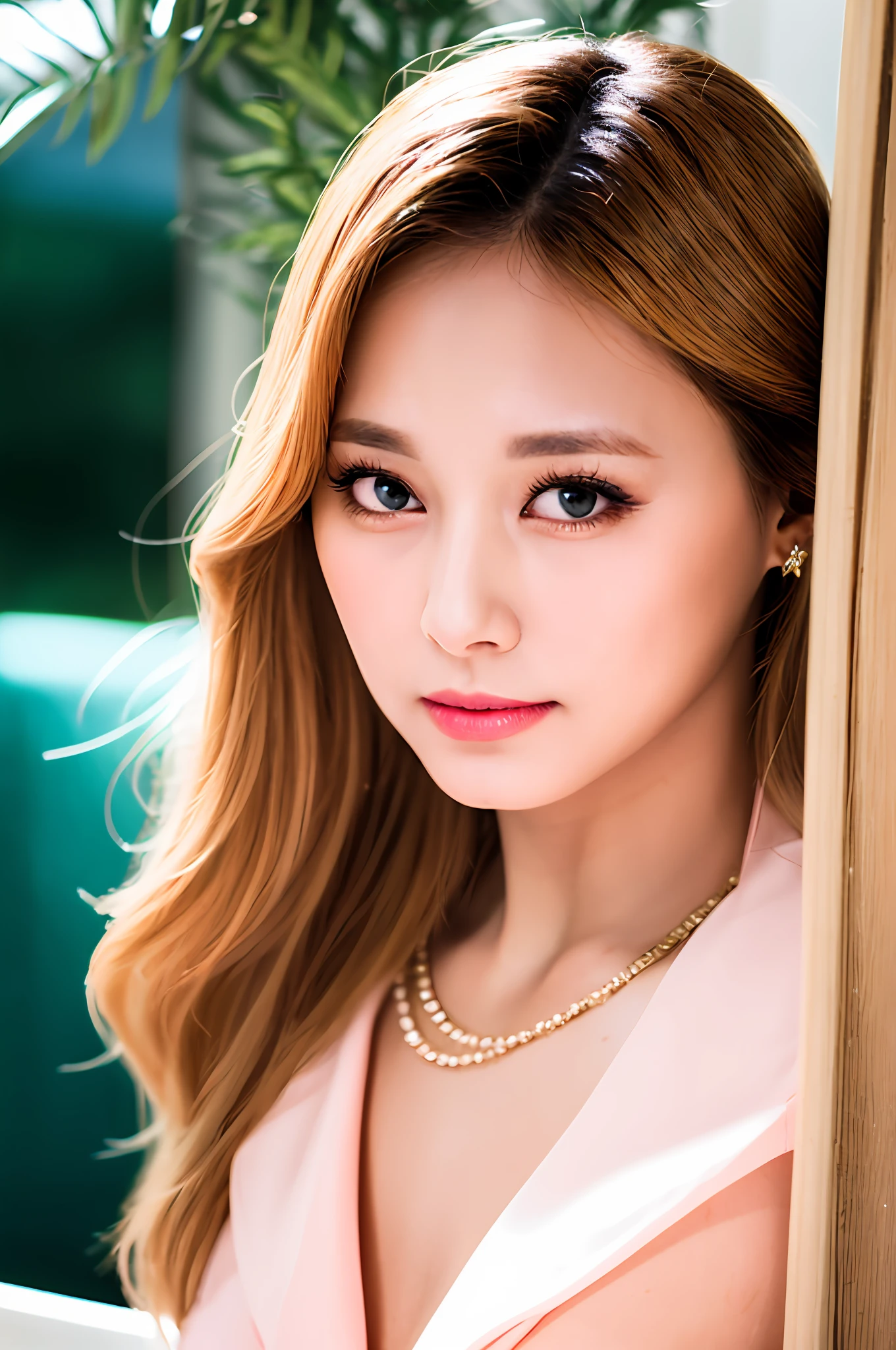Gentle and beautiful woman, half body photo, delicate and sexy collarbone, charming oval face, double eyelids, smart peach blossom eyes, pink lips, small nose, bare shoulders, focused face, face close-up, ultra-high-definition, super Details, elegant stance, stylish design, a niche Korean-style chic top, paired with a two-piece high-waist skirt suit