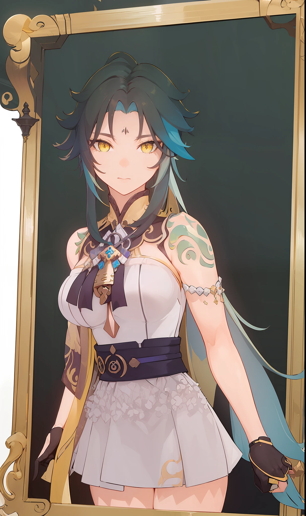 (Masterpiece, Best Quality, High Quality, Highres:1.4), Detailed, Extremely Detailed, Ambient Soft Lighting, 4K, Ornate, ((Xiao:1.5, Genshin Impact)), 1Girl, (Solo:1.4), (Milf:1.2), Standing, Upper Body, (Face Focus:1.2), (green hair, Extremely Detailed Hair:1.2), Long Hair, Long Sidelocks, Expressionless, Emotionless, (yellow eye:0.9 golden Eye:1.4, Looking at Viewer:1.2), Curvy, Huge Breasts, Skindentation, (Bursting Breasts:1.2), (Cleavage, Strapless, white Dress, Frilled dress, short Skirt, Puffy Skirt),