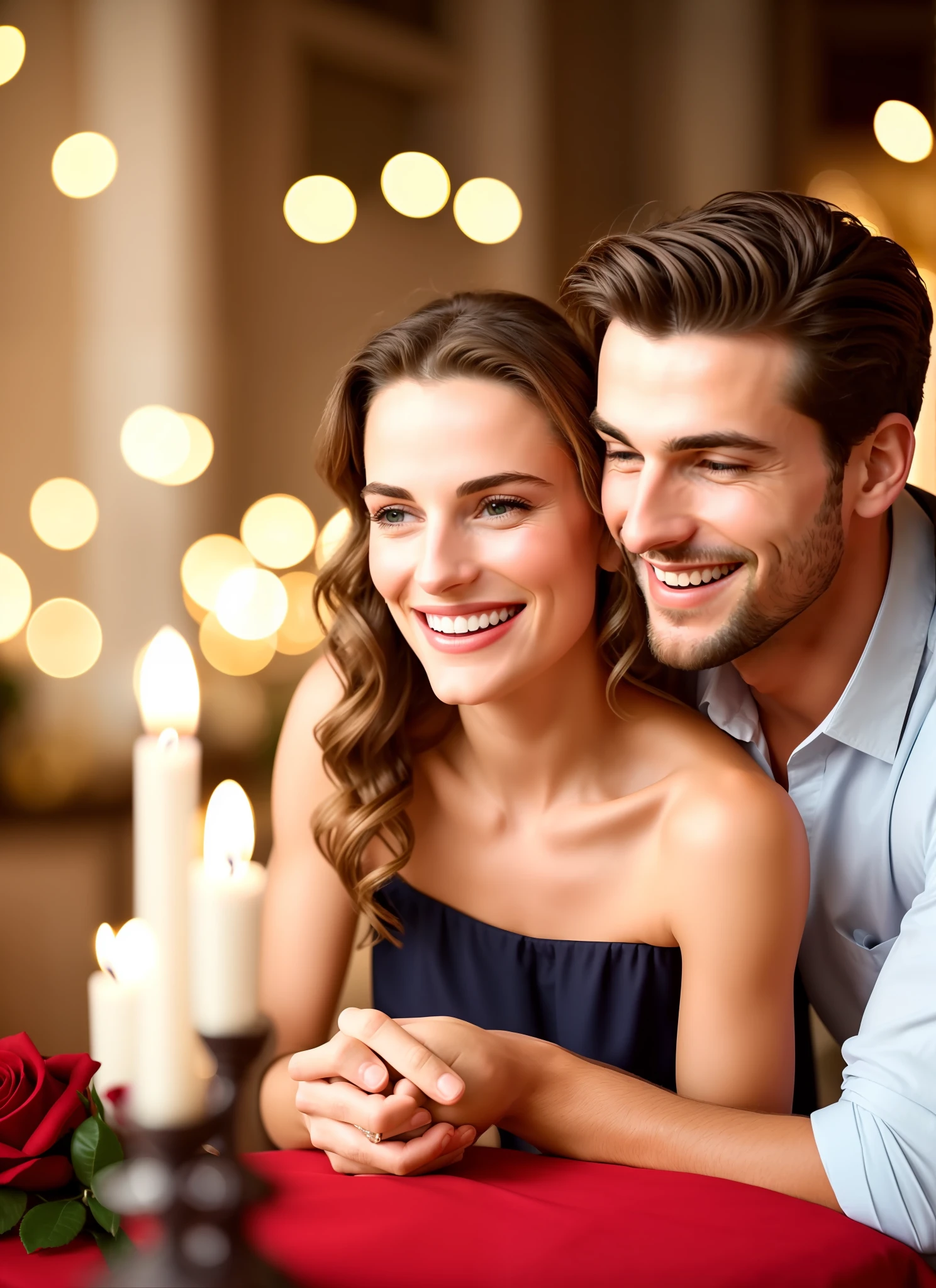 Portrait of a beautiful couple having a romantic dinner, romantic, seductive, cozy, 8k uhd, octane rendering, 4k, HDR, dynamic lighting, valentine&#39;s day night soft lighting romantic restaurant red rose candle young couple Happiness and love. Male couple. Female partner. Smiling eyes, holding hands, gentle gaze, happy smile, love and gratitude, exchanging gentle words, laughter, eye contact, tacit understanding and deep emotion, intimacy and warmth, loving atmosphere, expression: sweetness, affection, joy, special moment, love deep love