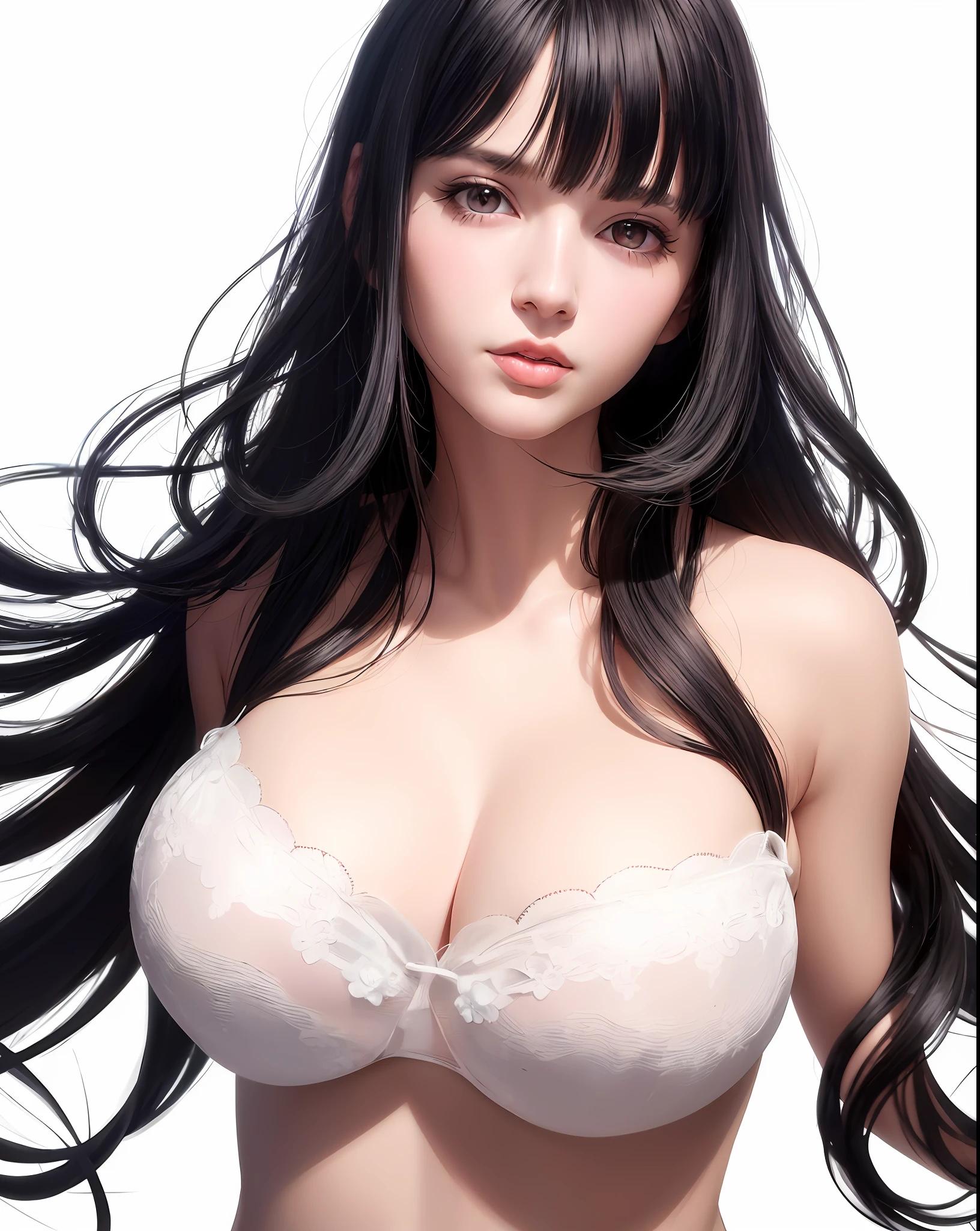 best quality, photorealistic, 8k, high res, 1girl, woman, (skindentation), (portrait:0.6), gorgeous, ((whitebackground:1.87)), ((no tanktop, large breast:1.56)), (medium wavy blackhair, parted bangs:1.6), looking at viewer, (1girl eyes looking at viewer:1.6), photorealistic, (bokeh), (floating hair, lips, closed mouth:1.43), gorgeous, pureerosface_v1:1,