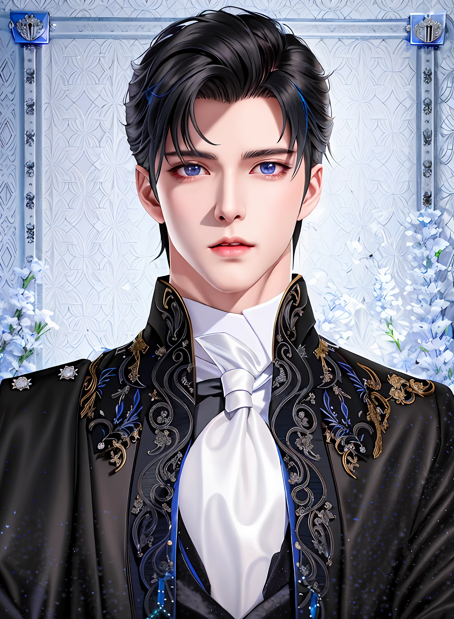 there is a man in a black jacket and white tie, beautiful androgynous prince, delicate androgynous prince, handsome prince, handsome male vampire, renaissance prince, anime handsome man, edward, wearing a black noble suit, tall anime guy with blue eyes, anime portrait of a handsome man, handsome guy in demon slayer art, inspired by Tomioka Tessai