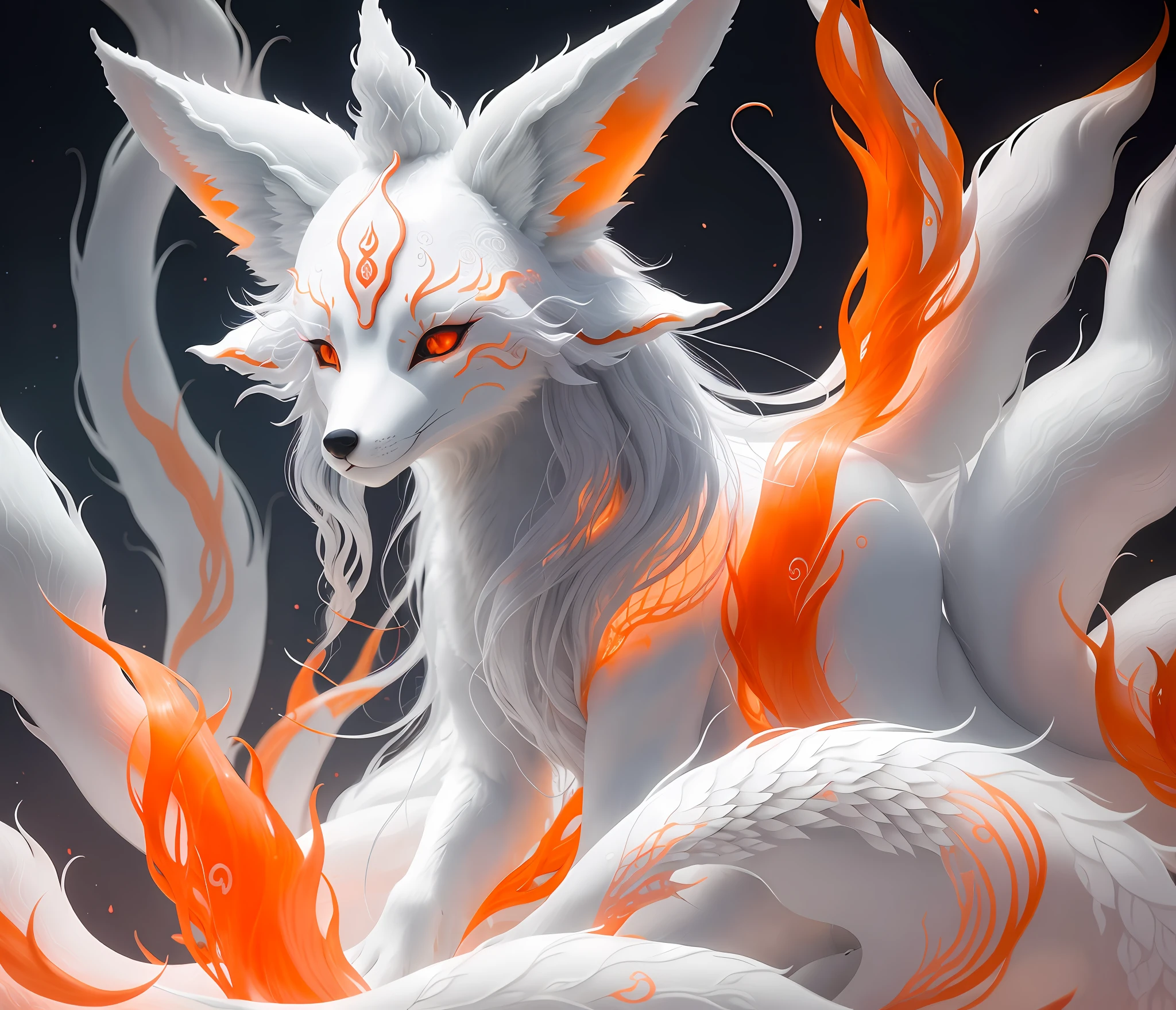Close-up of a fox with nine tails, nine tails, nine tails, chtulhu, inspired by Sugimura Jihei, delicate and fine. tentacles, white alien squid, ghostly form, inspired by Sōami, jormungand, mystical creatures, "phoenix wallpaper"