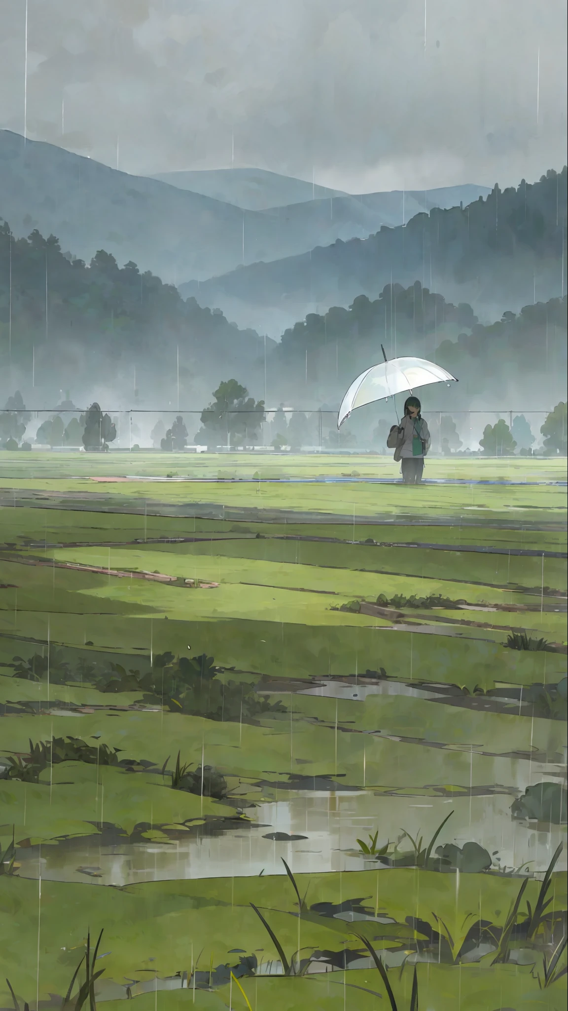 (It is raining) Heavy rainfall, grass leaves dripping water nearby, dripping leaves, the wind gently blows through the green grass, in the distance is a large area of neatly arranged farmland, and mountains, the sky is wet,