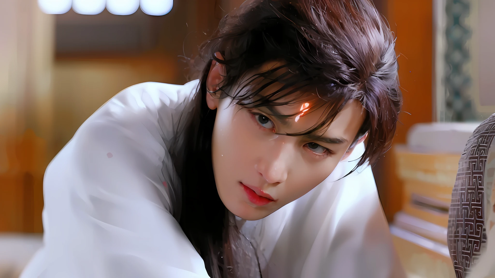 (Male: 1.1), (8k, RAW photo, photorealistic:1.25) , [Monochrome: Pastel Color: 0.6] Theme, (Masterpiece), (Best Quality), (Detail), Light Layer, Glossy Skin, (complicated details: 1.1), black hair, long hair, black eyes,