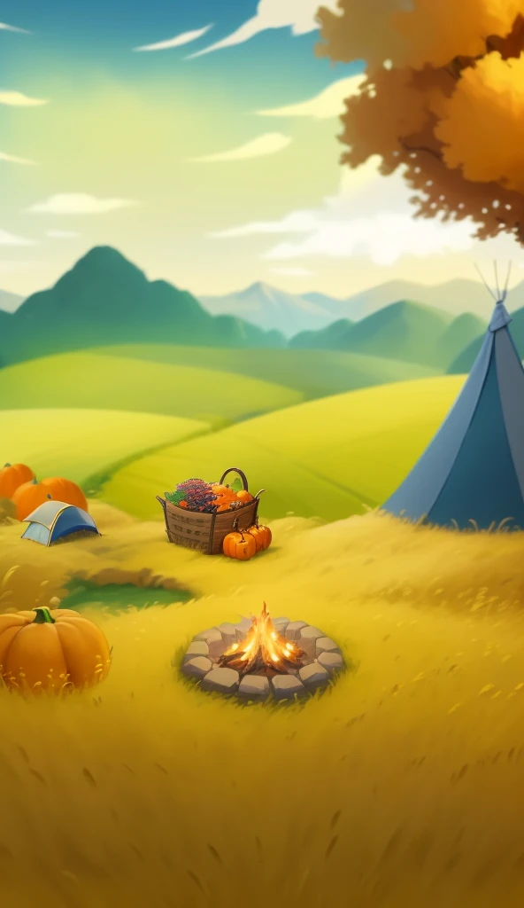 (masterpiece, awesome, awesome), (fantasy landscape, imaginary landscape), cartoon style landscape closeup of golden wheat field, golden wheat field background, campfire closeup, pumpkins, fruit basket, tent, autumn trees, stylized concept art, stylized game art, background art, rolling valley background, background art, mobile game background, detailed game art, drawn for game concept art, 2d game environment design, mobile game art, beautiful sky background, concept art magic highlights