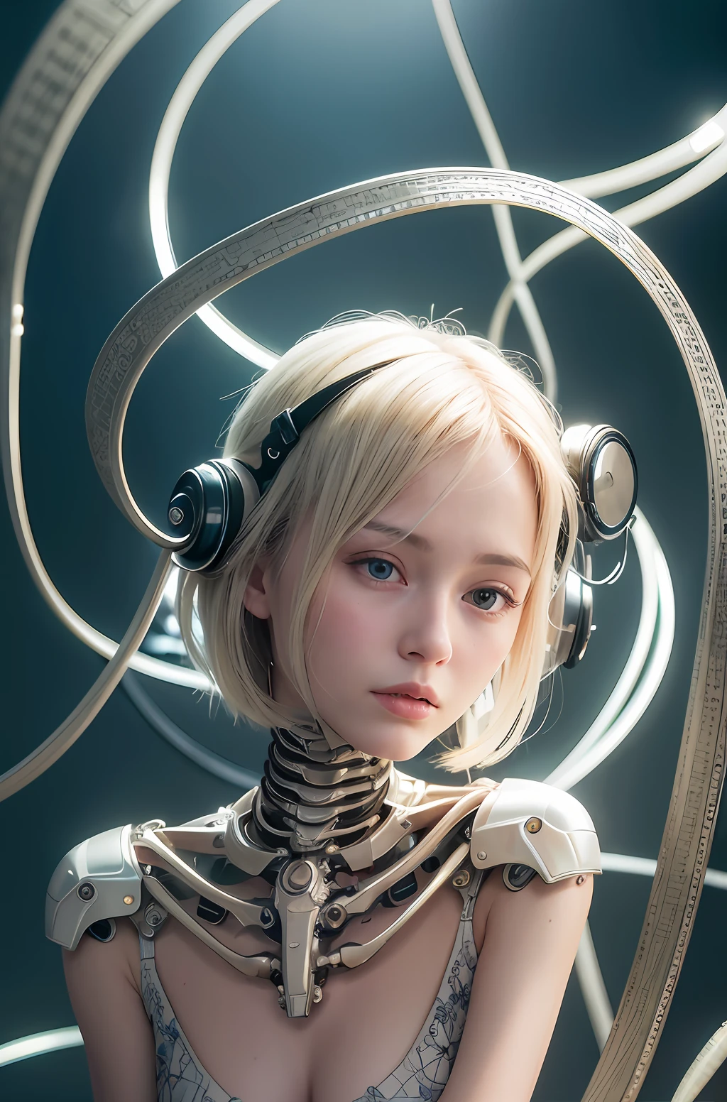 Masterpiece, best quality, ultra-detailed, highly detailed CG illustration, extremely delicate beauty, cute and delicate face, movie, 1 mechanical girl, alone, full body, mechanical joints, mechanical limbs, vascular connection tubes, mechanical vertebral connection , mechanical cervial attached to neck, sitting, expressionless, wires and cables connecting head and body, character set, science fiction, beauty face