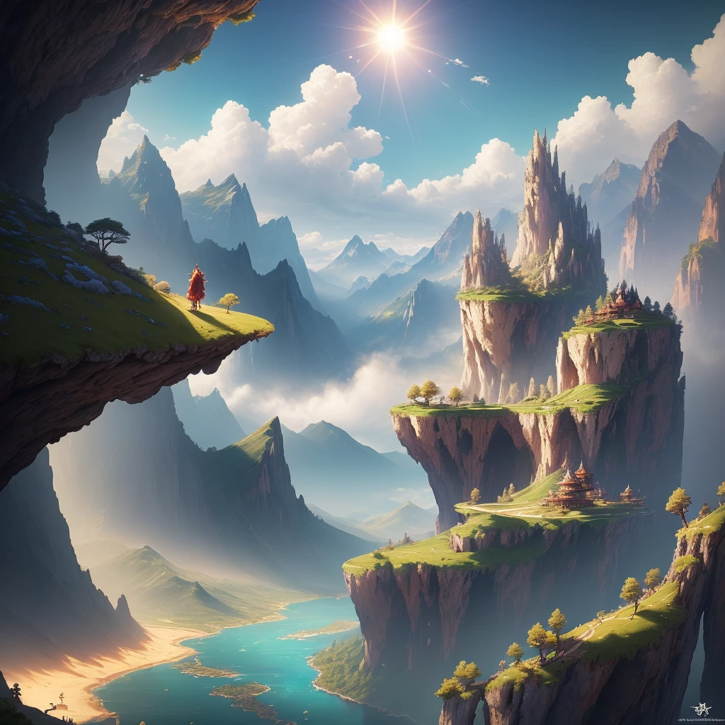 Detailed backgrounds, masterpieces, best quality, landscapes, mountains, rivers, forests, sun, daytime, clouds, Sun Wukong, Caixia Fairy, colorful auspicious clouds, embrace. Highest quality, cinematic lighting, CG masterpiece, wonderland