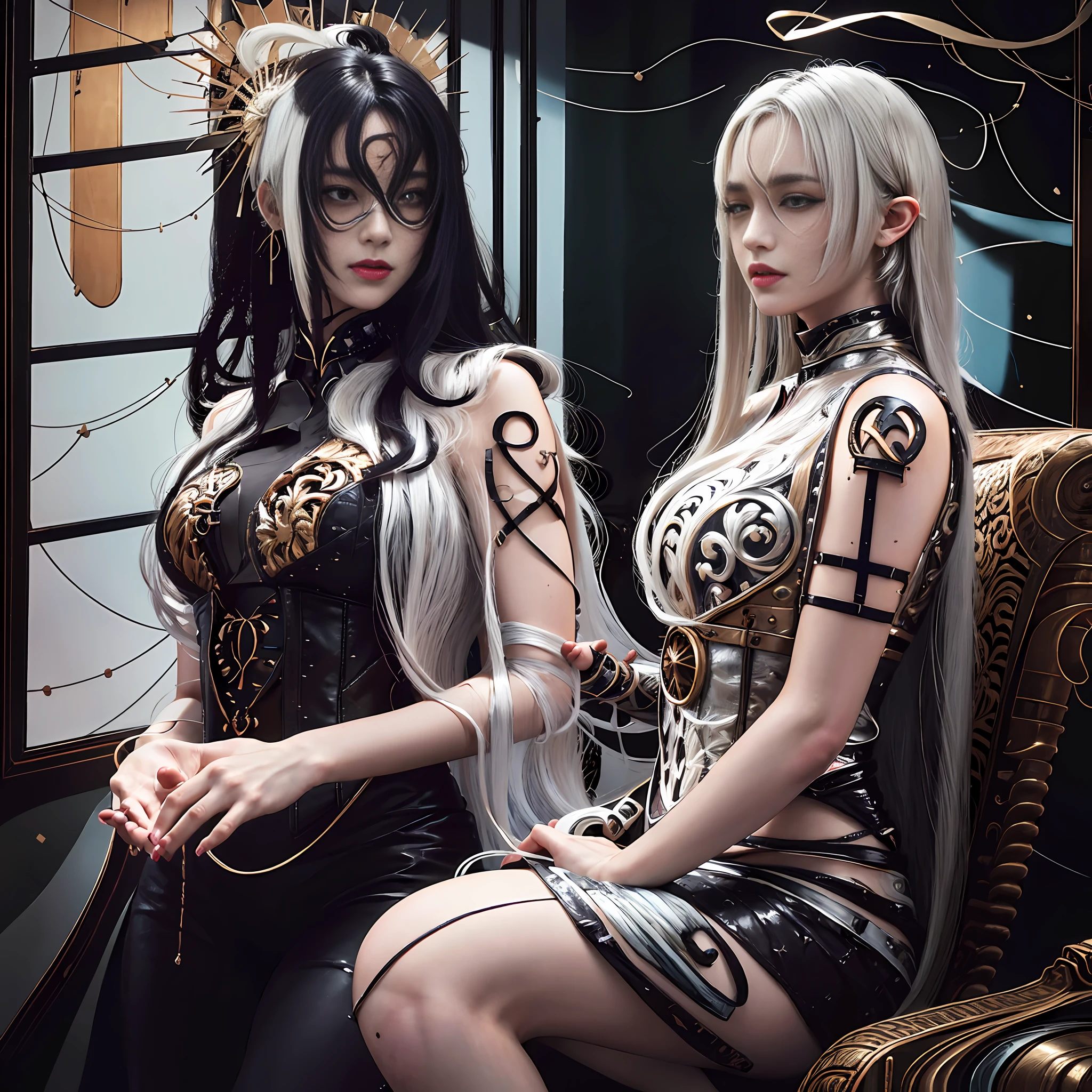 (front focus), (in the dark: 1.6), surreal female portraits by David Hockney and Alphonse Mucha, fantasy art, photorealism, dynamic lighting, artstation, poster, volumetric lighting, very detailed Face, 4K, award-winning, 1girl, dark, deep shadow, low key, cowboy lens, (official server: 1.4), long hair, white hair, smile, super detailed skin, dress