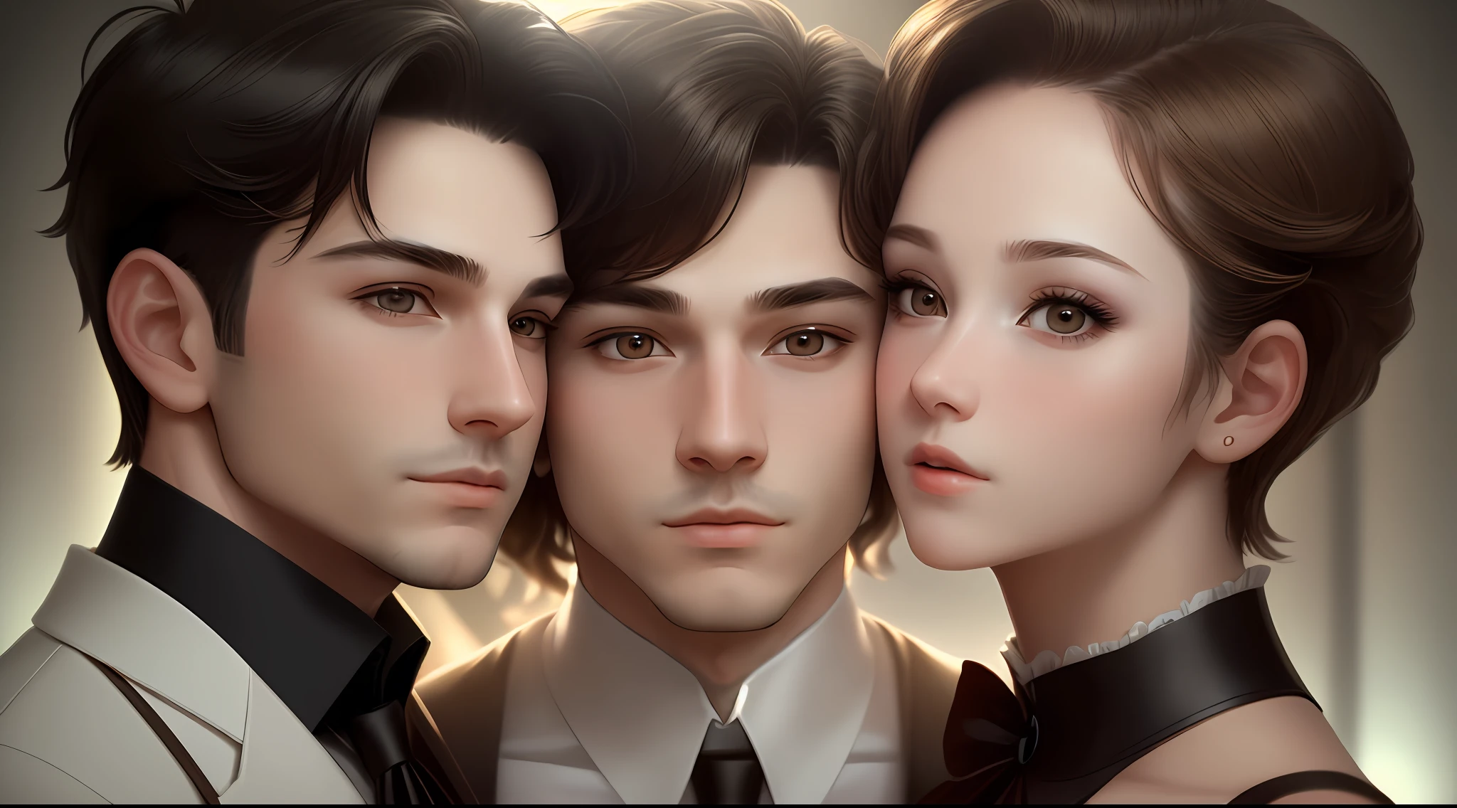 A man and a woman, (1boy:1.2) couple, symmetrical action, bottom view, central light source, best light, volumetric light, masterpiece, facial close-up, micro-expression, eye-to-eye