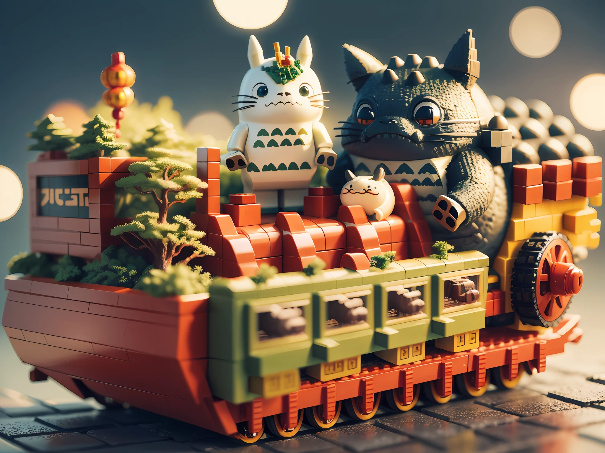 totoro catbus postcard, LEGO chinese new year scene, highly detailed, ultra high resolution, 8K UHD --v 6