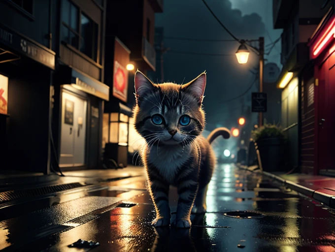 (Ultra-realistic: 1.3) Image of a cute kitten wearing sci-fi armor, walking in the alleys of a post-apocalyptic city, desolation, RTX, reflections, cinematic lighting, octane, 8k, best quality, masterpiece, illustration , doomsday city, destroyed, fire, debris, fog, detailed skin, full body, beautiful eyes, few electric lights, neon lights, rainy day, hr giger's art, tail