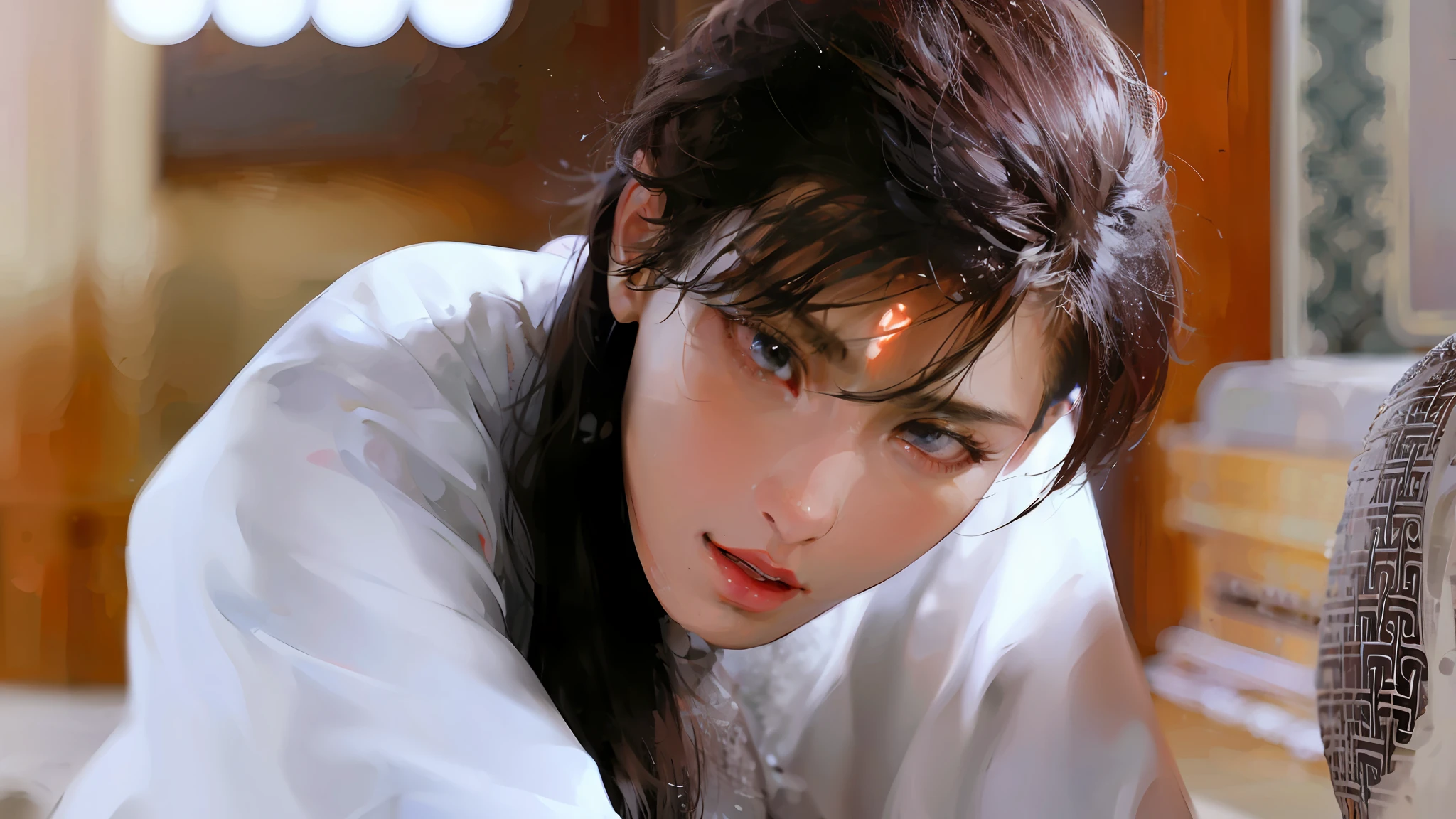 (Male: 1.1), (8k, RAW photo, photorealistic:1.25) , [Monochrome: Pastel Color: 0.6] Theme, (Masterpiece), (Best Quality), (Detail), Light Layer, Glossy Skin, (complicated details: 1.1), black hair, long hair, black eyes,