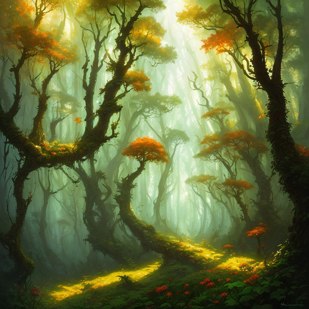 [(Mordancage:1.2), (Parallax:1.1), (Flickering light:1.1), (Botanical:1.1), (Forestpunk:1.3),(Painting:1.2), (Marc Simonetti:1.3)], high saturation, [(