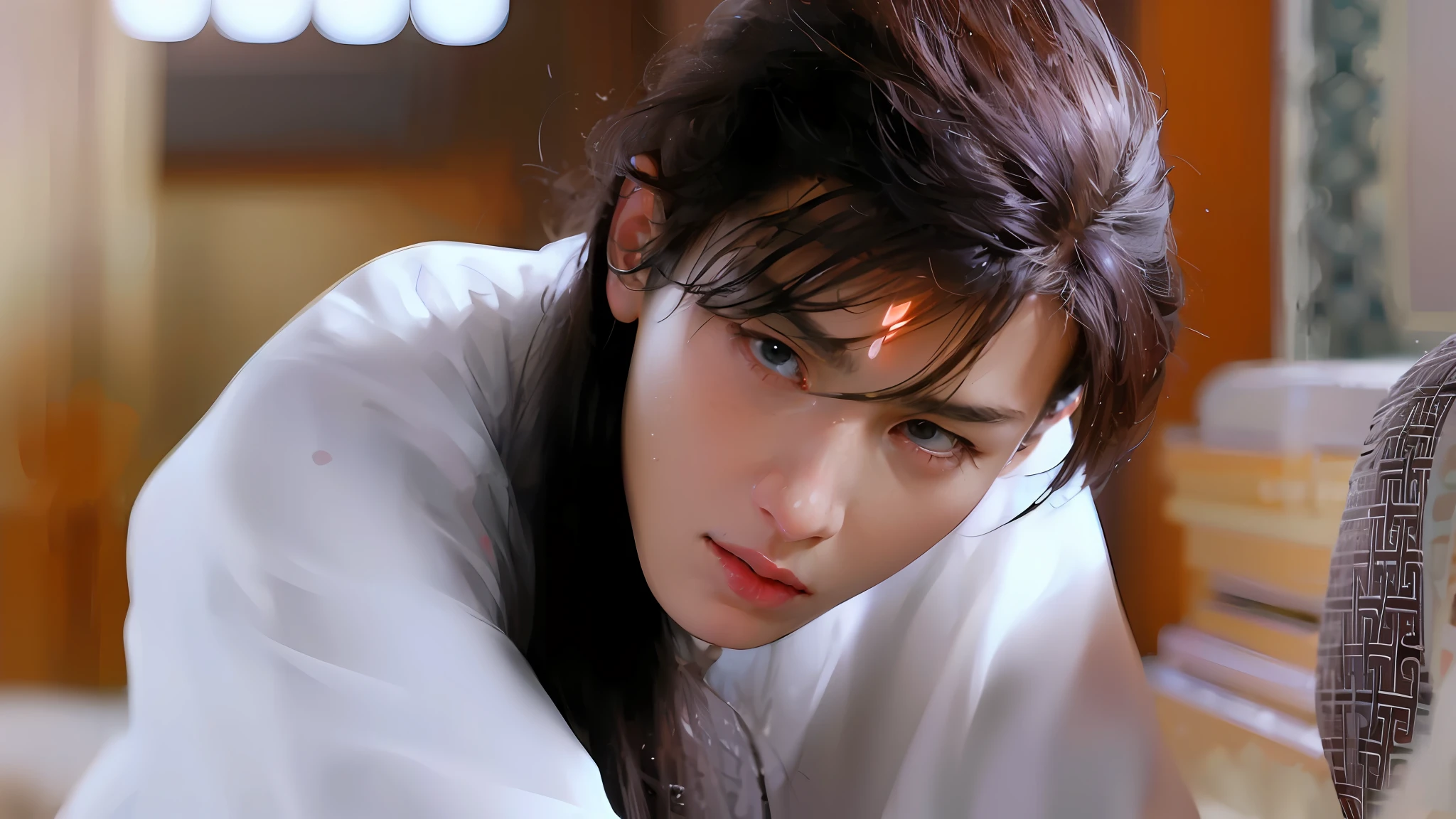 (Male: 1.1), (8k, RAW photo, photorealistic:1.25) , [Monochrome: Pastel Color: 0.6] Theme, (Masterpiece), (Best Quality), (Detail), Light Layer, Glossy Skin, (complicated details: 1.1), black hair, long hair, black eyes,