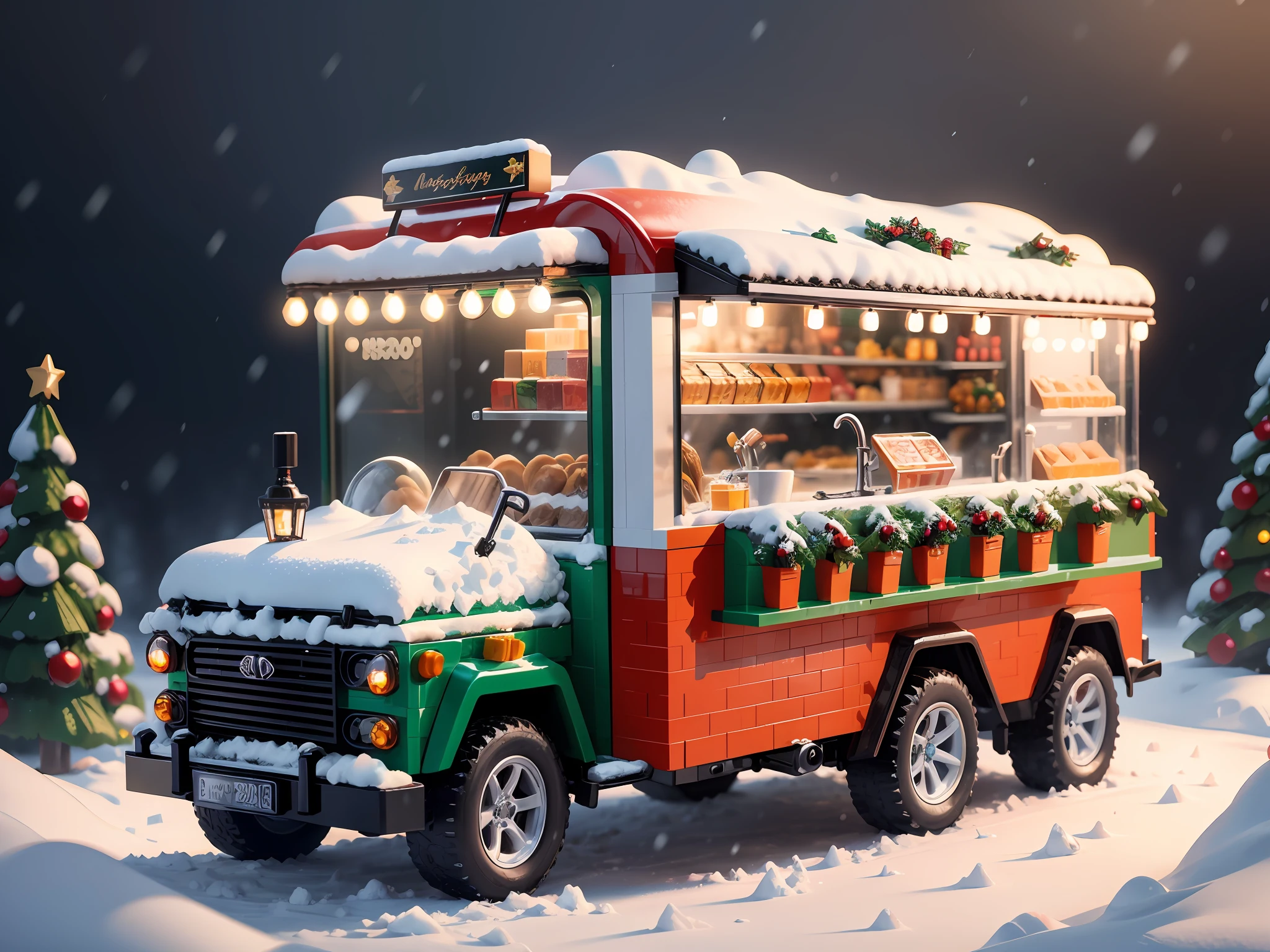 Lego style, gourmet food truck surrounded by Christmas snow scene, rich color matching, blind box style, toy model, very detailed, super high resolution, 8K UHD --v 6