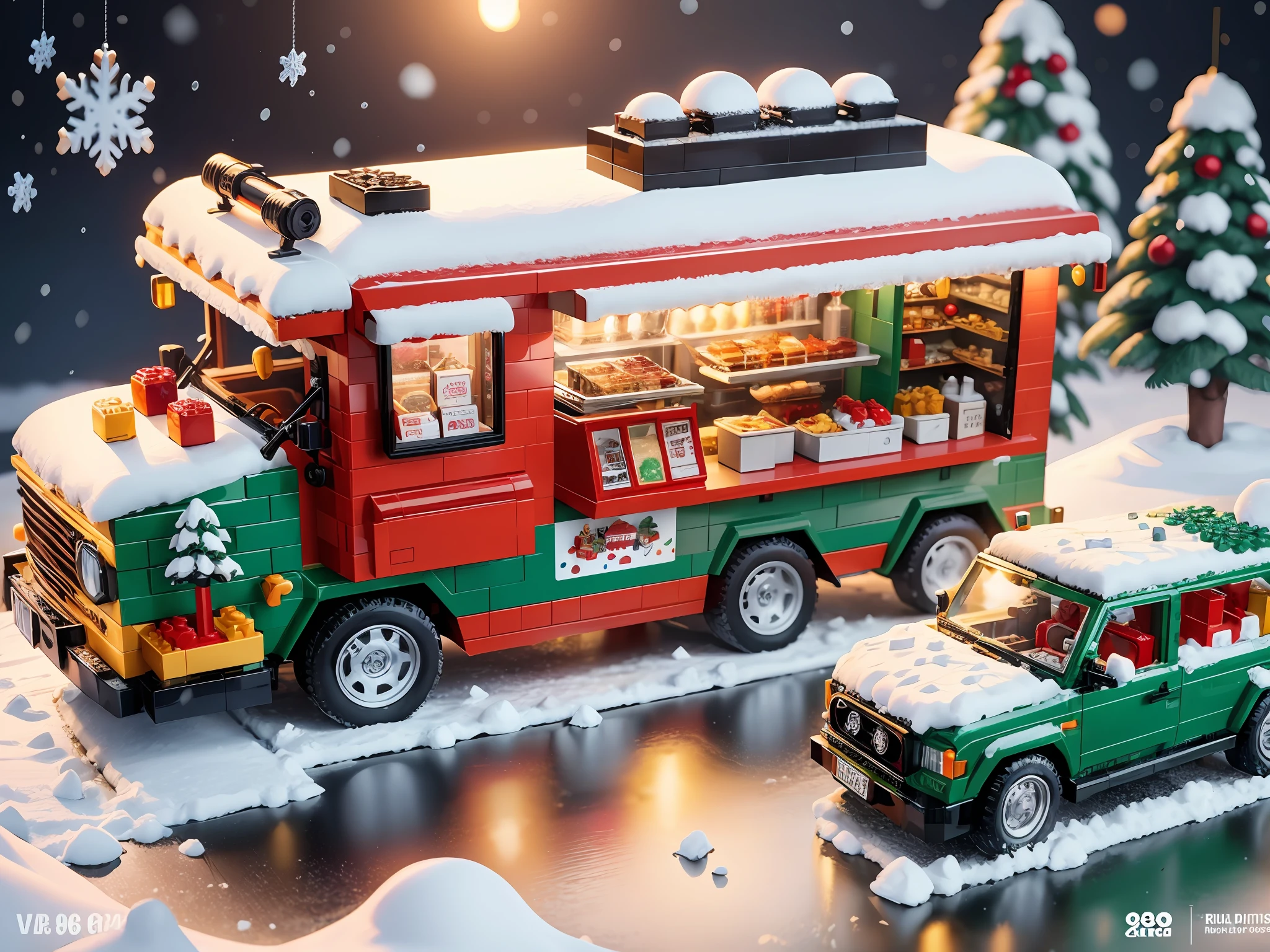 Lego style, gourmet food truck surrounded by Christmas snow scene, rich color matching, blind box style, toy model, very detailed, super high resolution, 8K UHD --v 6