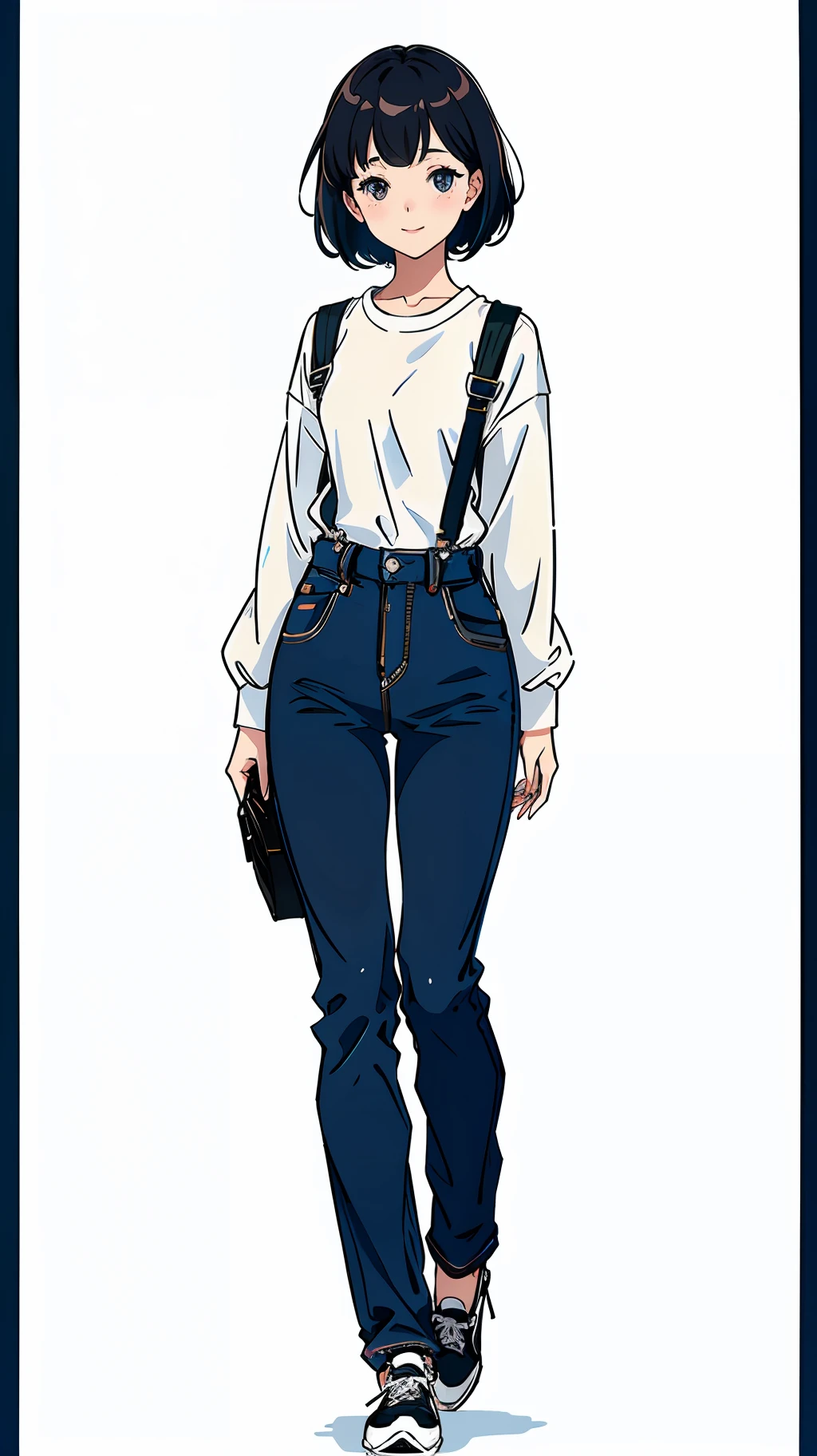 (white background): 2.0, front view, 1 girl, serene expression, mesmerizing eyes, poised posture, porcelain skin, subtle blush,soft shadows, unity 8k wallpaper, smile face, black color hair, bob hair, black eyes, visual novel sprite, standing, full body single character,, no background, only white background, 25 years old, pretty, casual fashion, Long sleeve white t-shirts, jean,overall view, anime full body illustration,