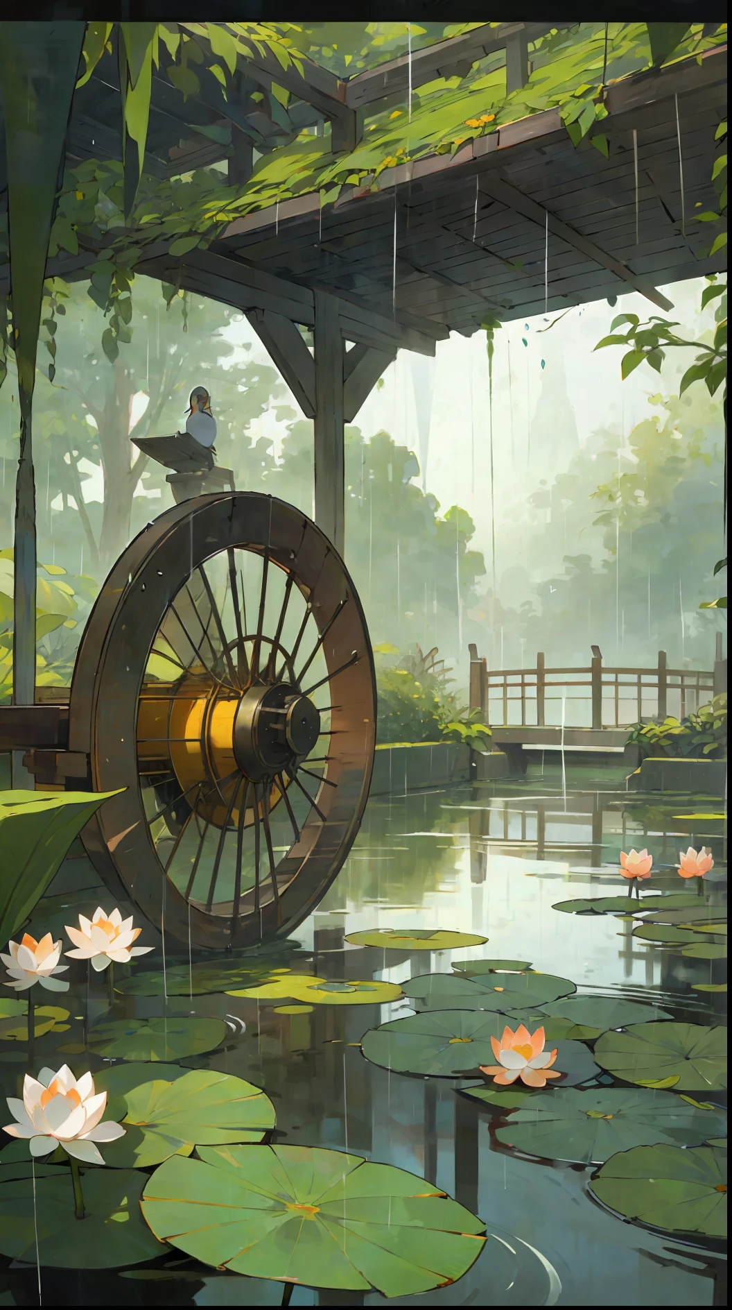 (It is raining heavily), there are lotus leaves in the quiet pond, the waterwheel is turning, there are willow leaves hanging down on the top of the picture, and there are two mandarin ducks in the water