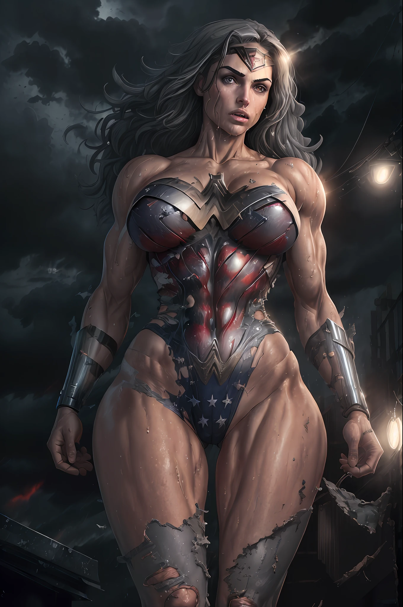 8k, best quality, real photo, intricate detail, ultra detail, super high resolution, depth field, (realistic, realistic:1.2), masterpiece, 1girl&#39;s photo, wonder woman, superhero, lying, back, lying down, realistic, Ripped bodysuit, (dirty, ripped clothes, exposed clothes:1.2), realistic blue eyes, dark hair, lips, long hair, solo, (reveal ripped clothes, ripped clothes:1.2), natural skin texture, slightly sunlit Tanned skin tone, muscular, (big breasts:1.3) thin waist, (perfect big ass and broad hips:1.2), (detailed skin), ((dirty)), (wet skin), sweating, (wet body), (storm cloud:0.7), (stormy weather:0.5), (((Dark Atmosphere))), on Rooftop and Dark City as background, Toxic, Epic, Realistic, Blurred, Desaturated, Surreal, ((((Spotlight Above) )), Cinematic, (Dramatic Rim Lights ), Fog &amp; Blossom, 8k, High Quality, Film Grain, Fujifilm XT3, (gray_scale:1.4)