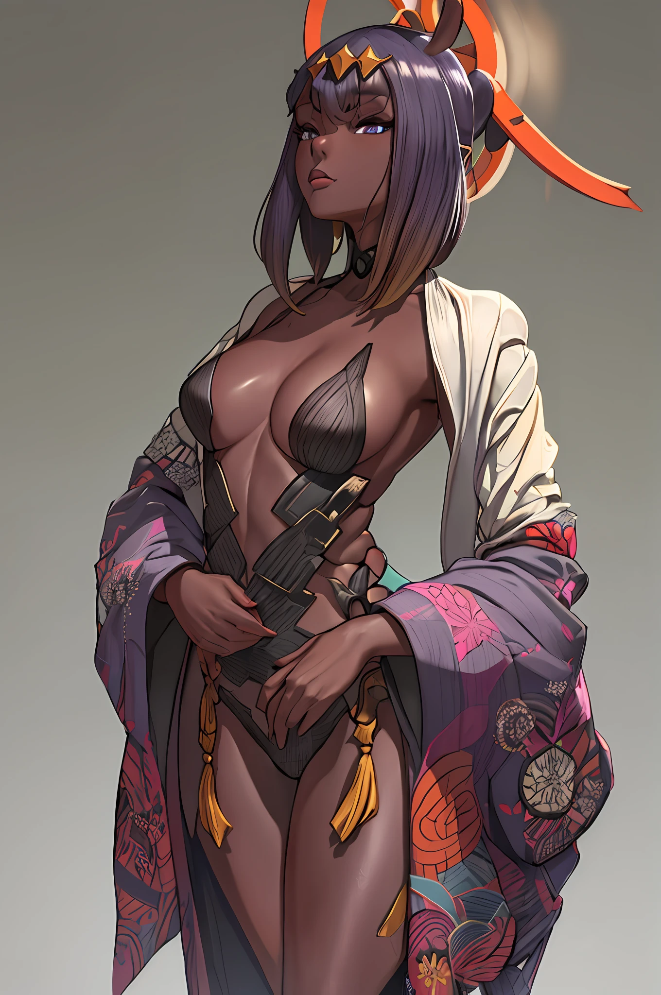 dark skin, half naked, kimono, toned, complex 3d render ultra detailed of a beautiful porcelain profile, 8k, best quality, masterpiece, tanlines