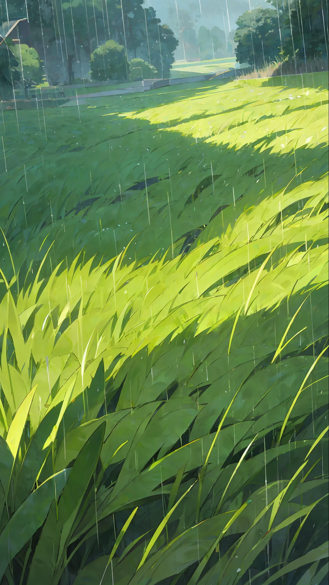 Vibrant green, green rice, green grass, rain, rain on blades of grass, dew drops, trickling water channel, scene