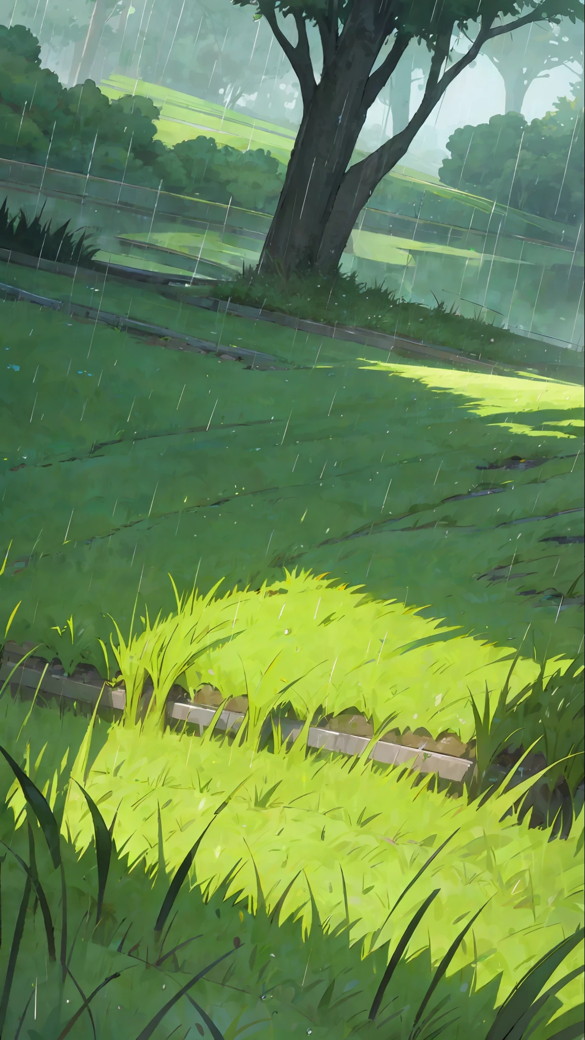 Vibrant green, green rice, green grass, rain, rain on blades of grass, dew drops, trickling water channel, scene