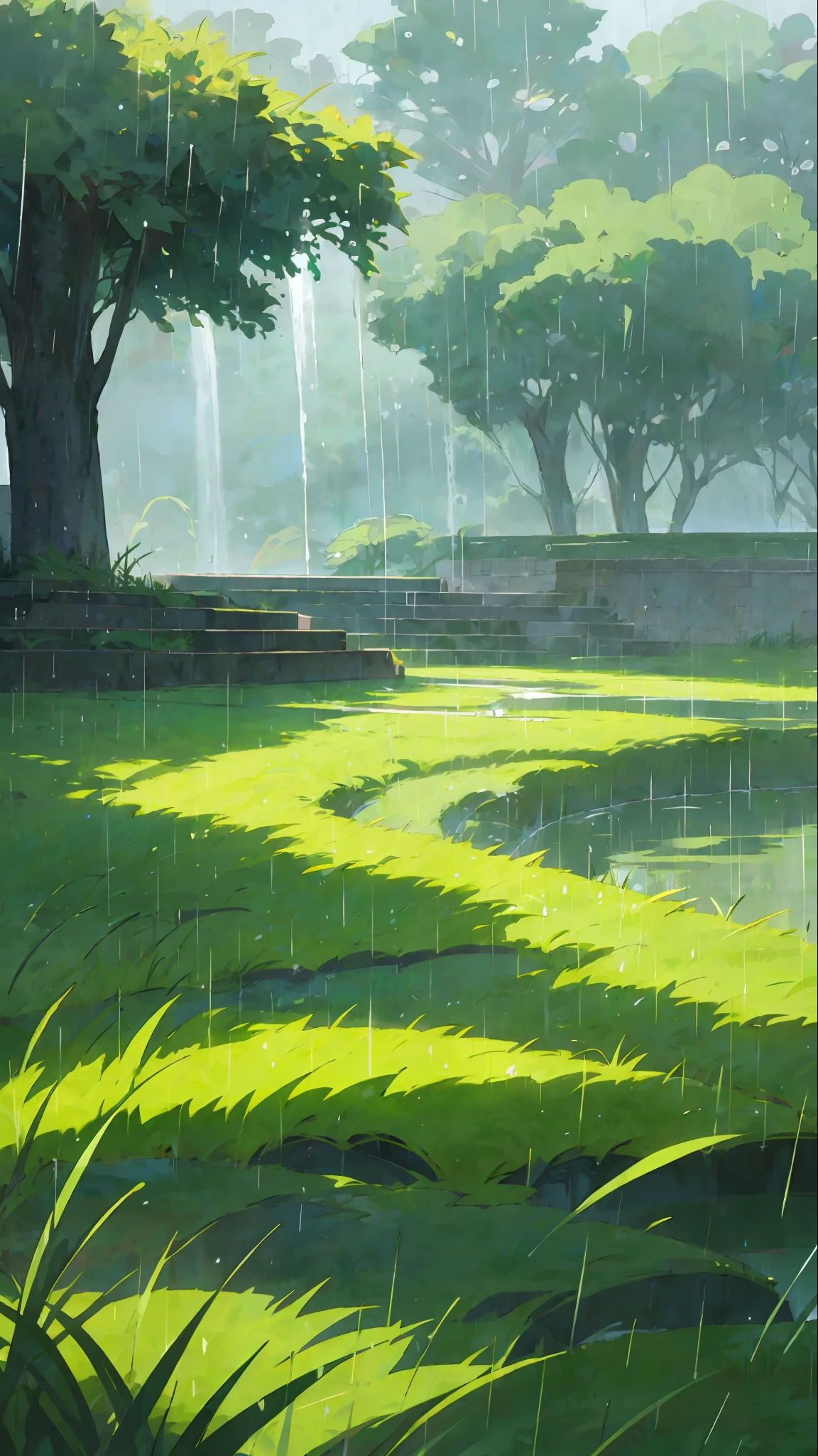 Vibrant green, green rice, green grass, rain, rain on blades of grass, dew drops, trickling water channel, scene