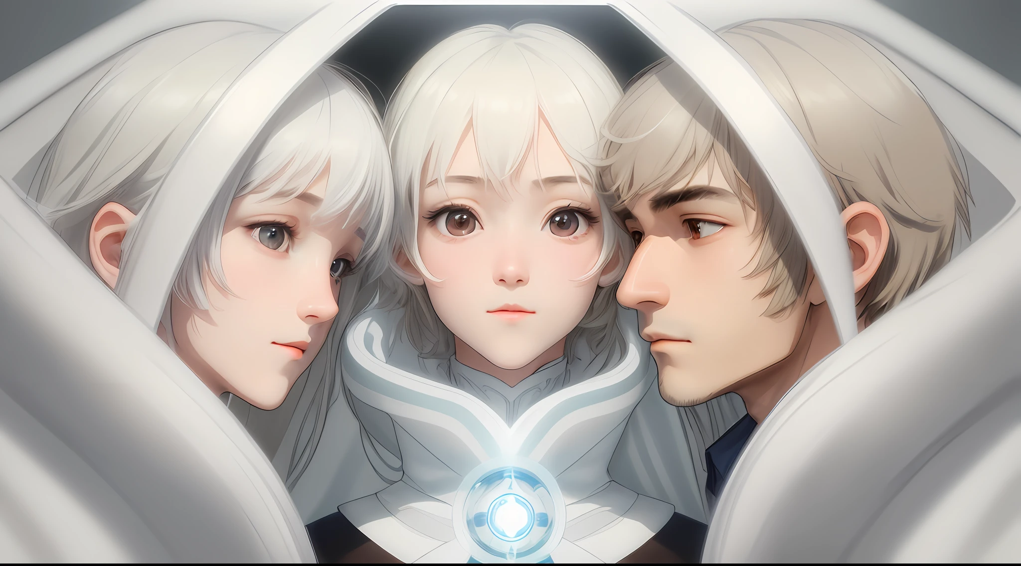 Three people, (1boy:1.2) couple, symmetrical action, bottom view, center light source, best light, volumetric light, masterpiece, facial close-up, micro-expression, eye-to-eye