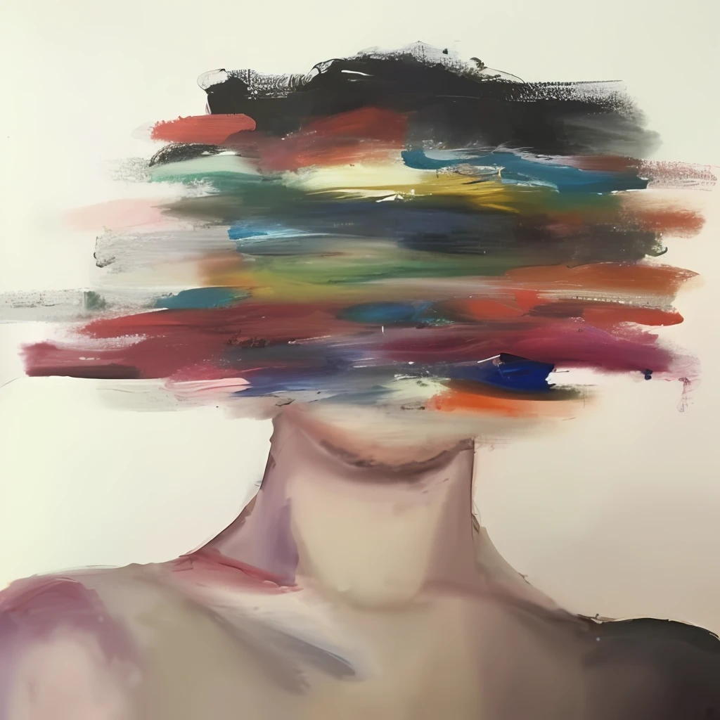 Painting of a man with colorful hair covering his face, covered in oil paint, emotional oil painting, face covered, abstract portrait, face flooded in colorful oils, brushstroke oil painting, neural acrylic paint, synesthesia, expressive oil painting, mood painting, mood sad painting, expressive beautiful painting, blurred face, inspired by Yanjun Cheng