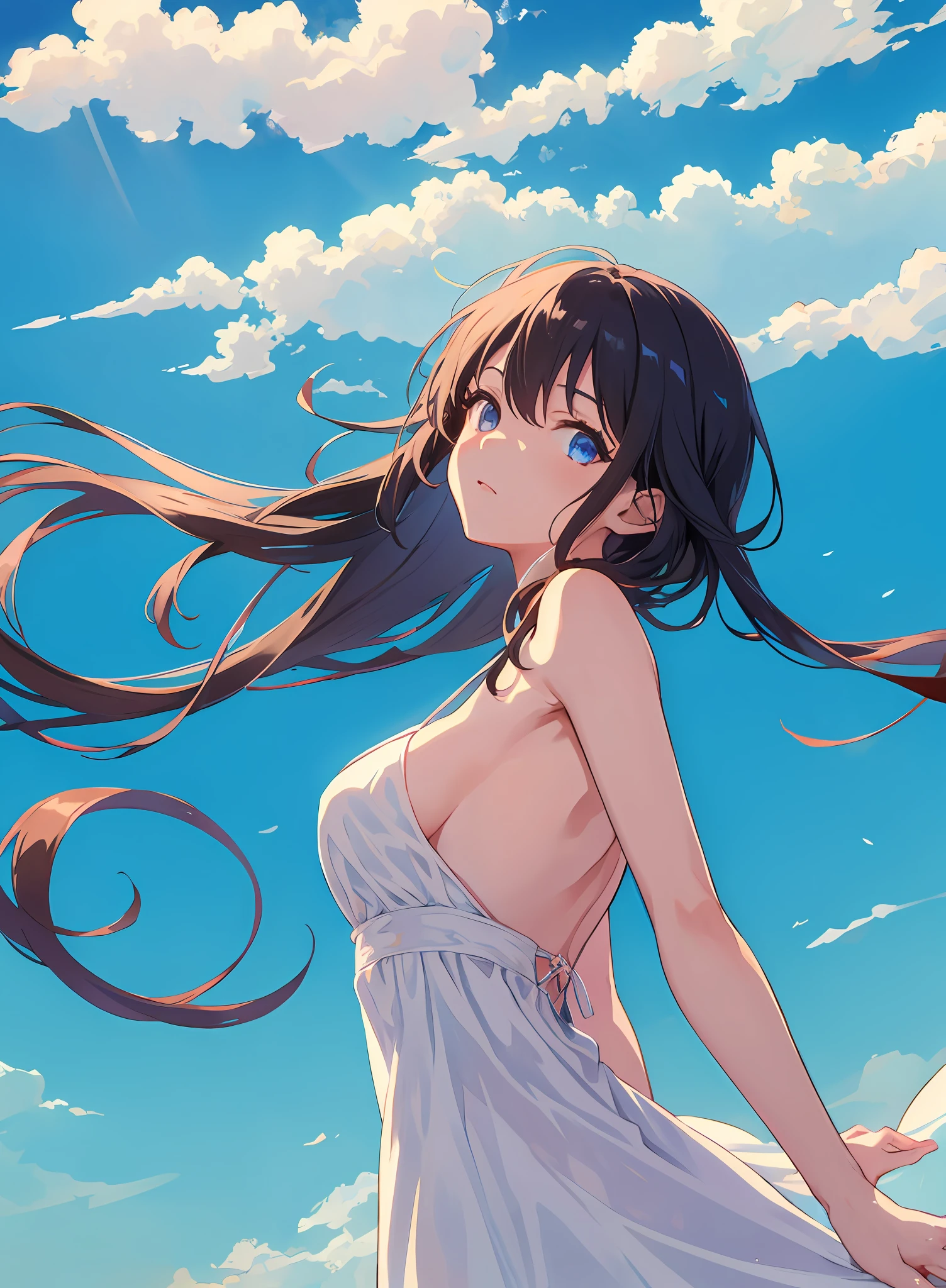 fantasy, (upper body:1.2), (from below:1.3), 191971 dress, backless dress, (long dress:1.2), very long hair, breasts, bare shoulders, sky, ocean, water, looking at viewer, italian, head tilt, wind, cloud, sunlight, outdoor, 1girl, solo, BREAK,