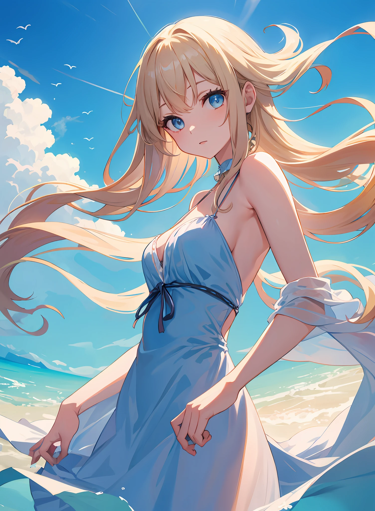 fantasy, (upper body:1.2), (from below:1.3), 191971 dress, backless dress, (long dress:1.2), very long hair, breasts, bare shoulders, sky, ocean, water, looking at viewer, italian, head tilt, wind, cloud, sunlight, outdoor, 1girl, solo, BREAK,