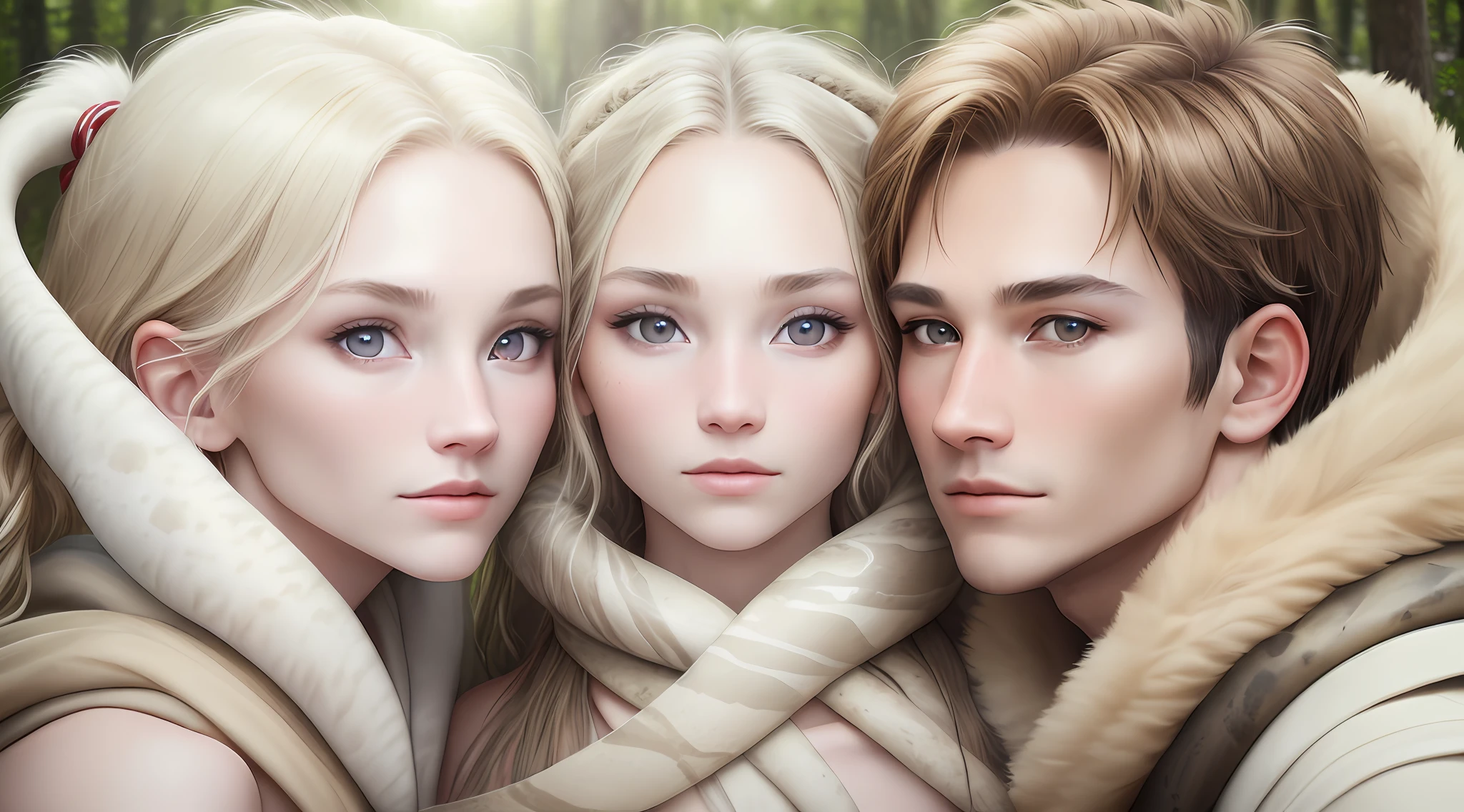 Photography, hyper-realism, 8k, stone age, primitive people, (couple&#39;s eyes looking at each other: 2) animal skin, wilderness, three people, (1boy:1.2) couple, symmetrical action, bottom view, center light source, best light, Volumetric light, masterpiece, facial close-up, micro-expression, eye-to-eye, --V 6