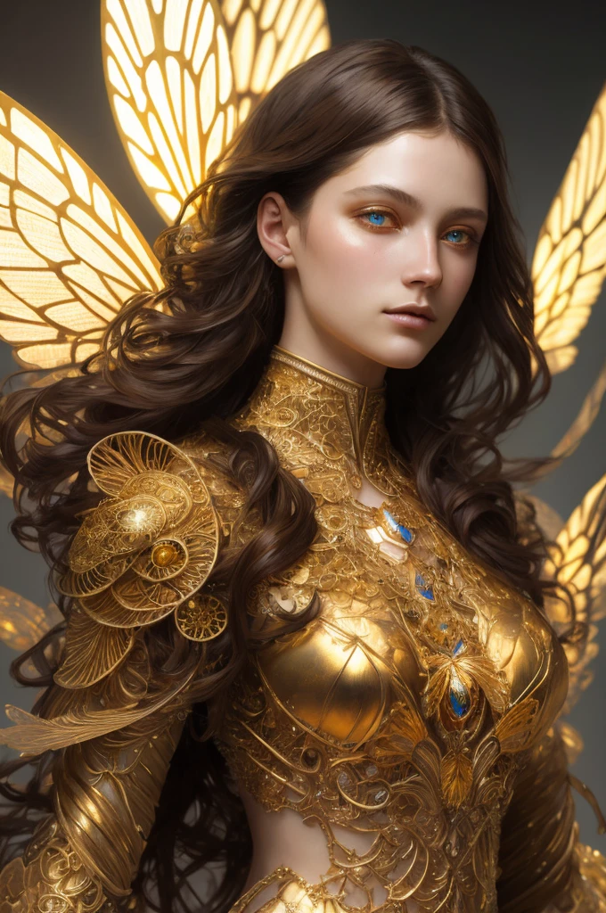 Portrait of a beautiful cyborg with 8k brown hair, intricate, elegant, highly detailed, majestic, digital photography, art by artgerm and Ruan Jia and Greg Rutkowski, surreal painting, golden butterfly filigree, broken glass, (masterpiece, side light, delicate beautiful eyes: 1.2), Human Development Report