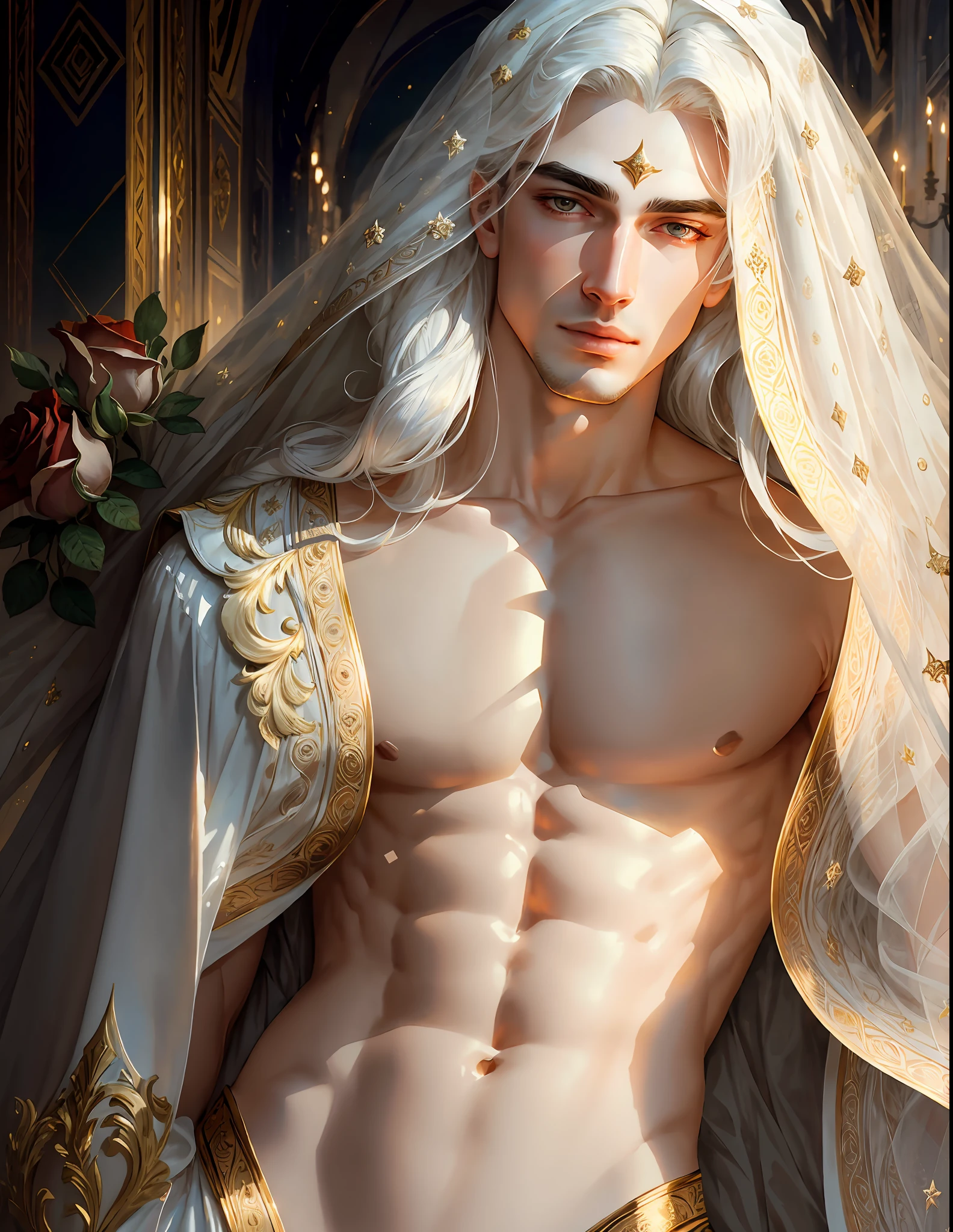 masterpiece, highest quality, (solo focus), (perfect face:1.1), (high detail:1.1),dramatic, 1guy, (pale skin), long white hair, white eyes, [light eyebrows], solo, long hair, moon, night, white luxury suit, venetian mask, covered navel, pouty lips, (beauty marks),  palace, detailed background, art by artgerm and greg rutkowski,  cinematic lighting, roses, suggestive