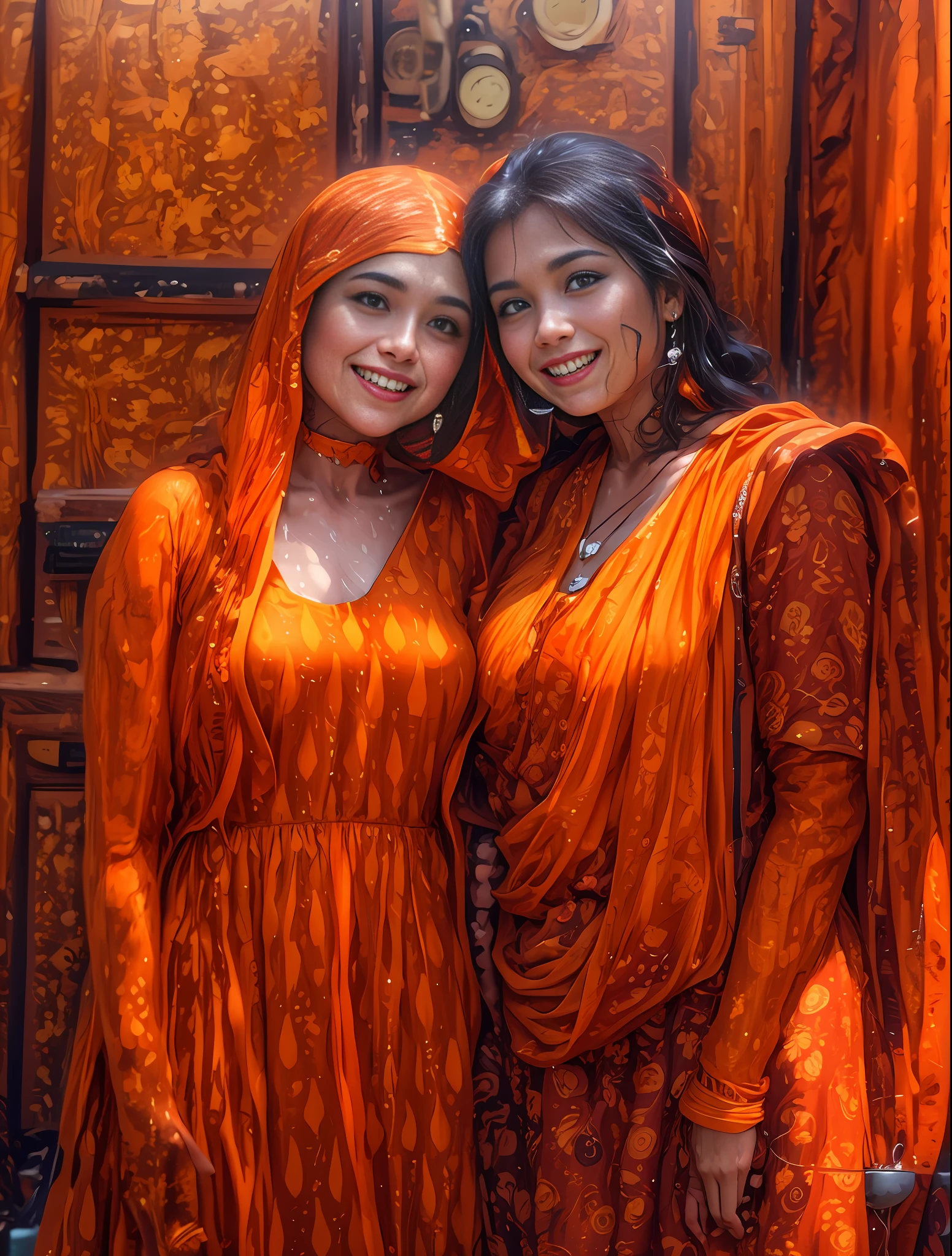 two women in orange dresses posing for a picture together, candid picture, movie stills photography, sisters, candid, * colour splash *, with lovely look, by Max Dauthendey, cute girls, 7 0 mm portrait, photo taken with nikon d750, photo taken with nikon d 7 5 0, wearing a kurta, movie stills, beautiful girls