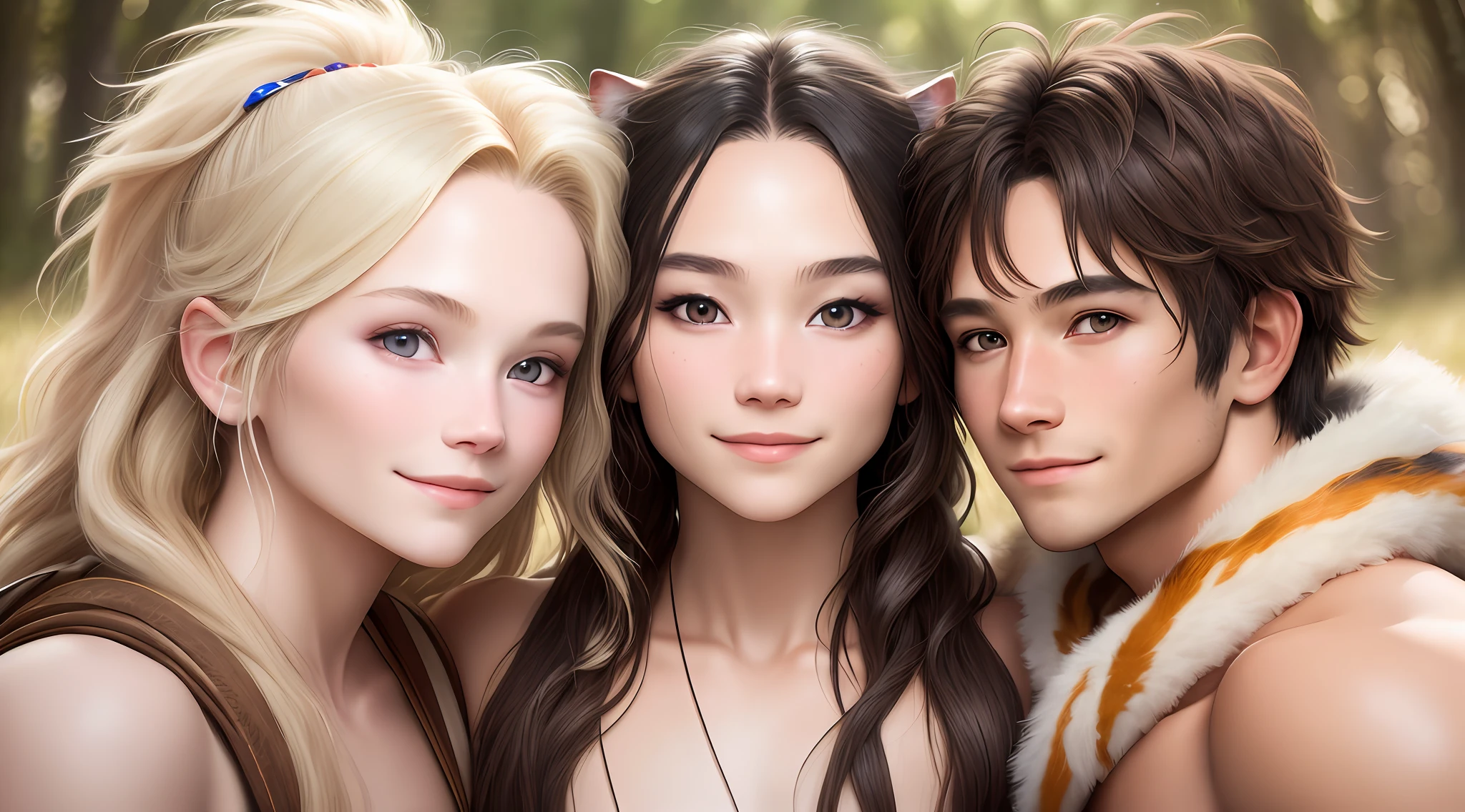 Photography, hyper-realism, 8k, stone age, primitive people, messy hair, rude smile, (couple&#39;s eyes looking at each other: 2) animal skin, wilderness, three people, (1boy:1.2) couple, symmetrical action, bottom view , center light source, best light, volumetric light, masterpiece, face close-up, micro-expression, eye-to-eye, --V 6