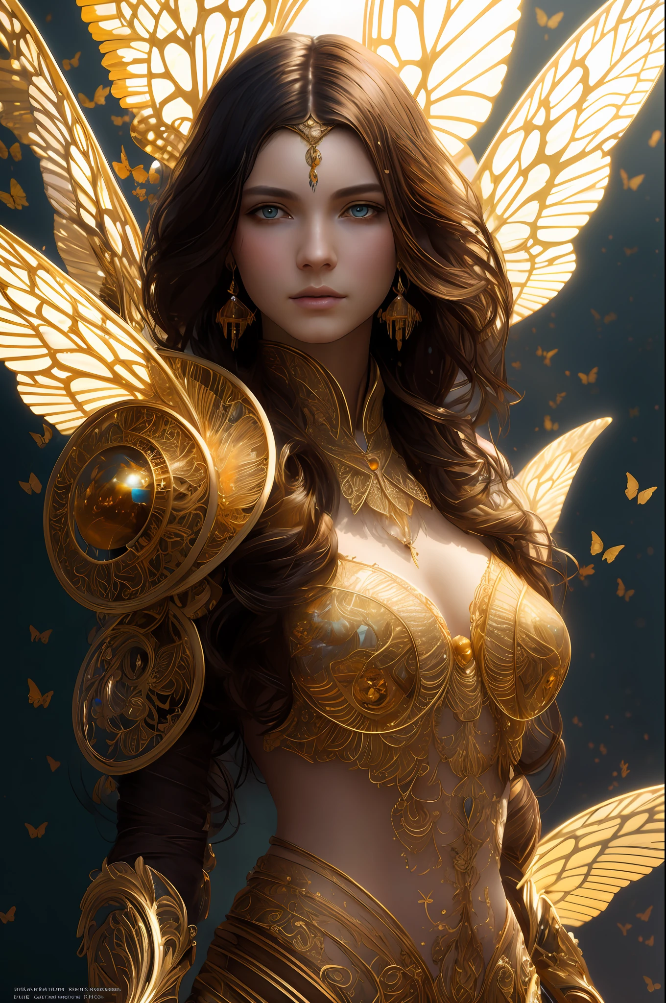 Portrait of a beautiful cyborg with 8k brown hair, intricate, elegant, highly detailed, majestic, digital photography, art by artgerm and Ruan Jia and Greg Rutkowski, surreal painting, golden butterfly filigree, broken glass, (masterpiece, side light, delicate beautiful eyes: 1.2), Human Development Report