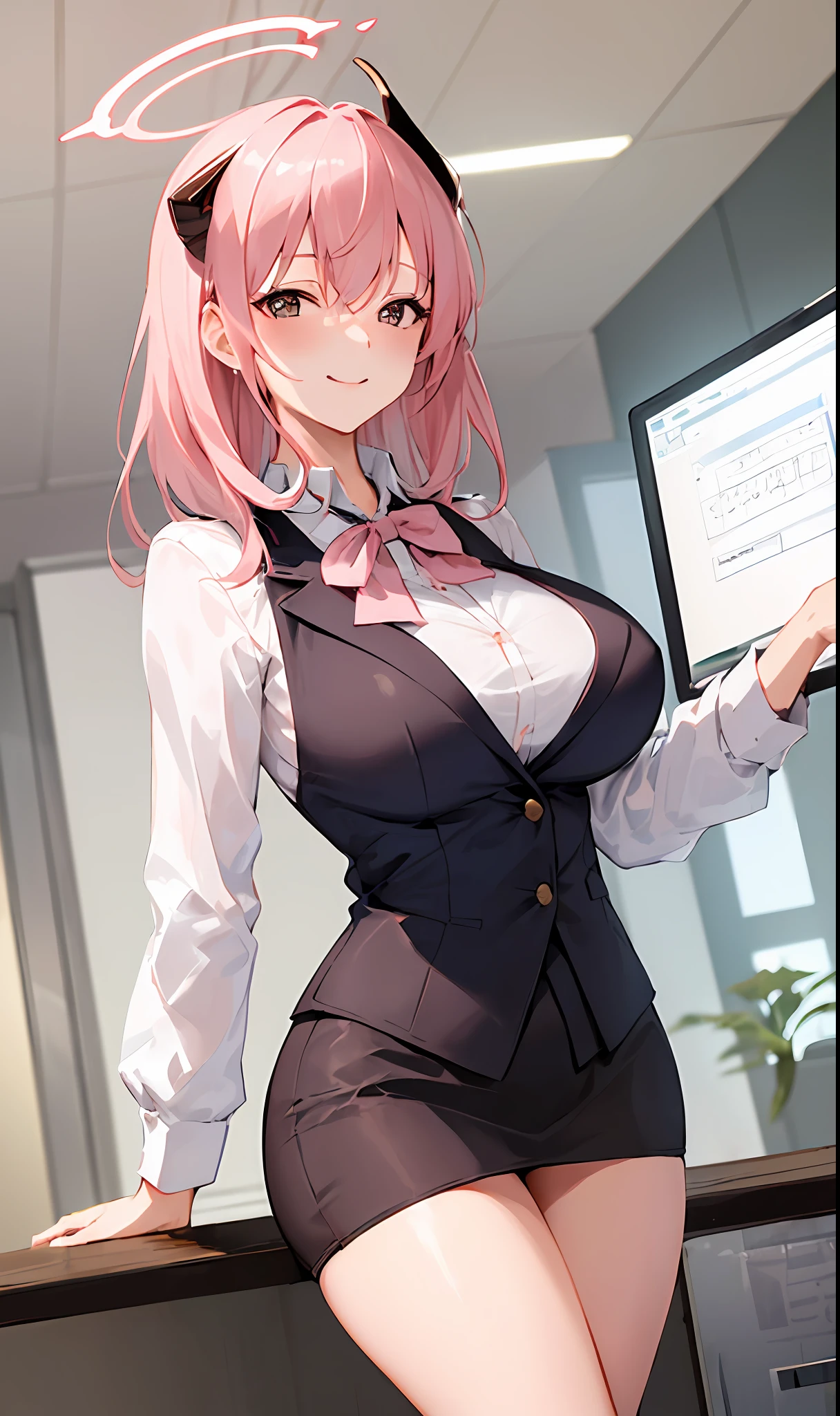 ((masterpiece, best quality)), (1girl),((mature female)), lightpink hair, halo, horn, ((office lady )),bangs,middle breast,(busty),slim,smile, [wide hips],office,standing, aru \(blue archive\),