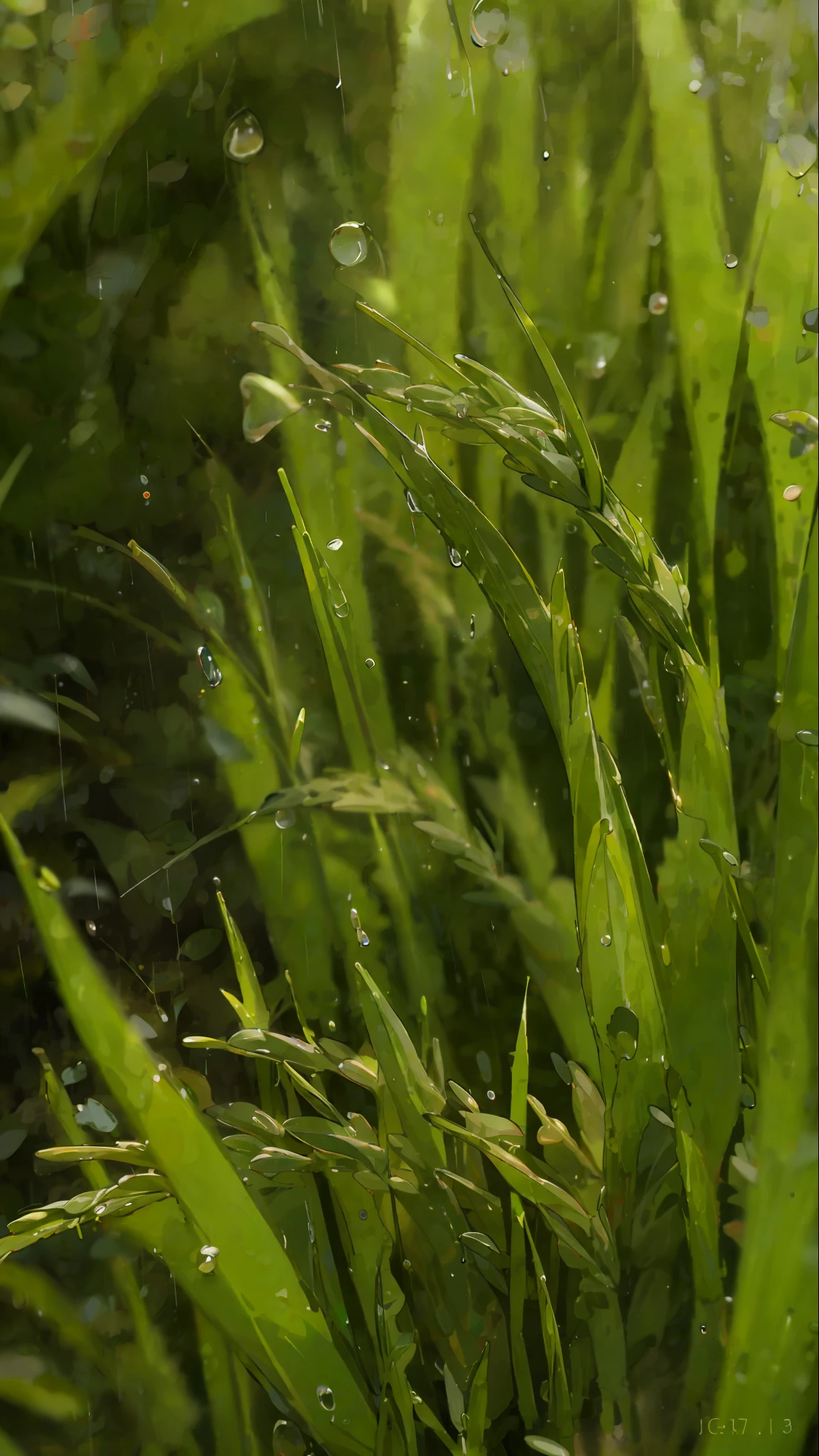 (It's raining heavily), grass, green rice seedlings, with water drops on the rice, close-up, super detailed detail --v 6