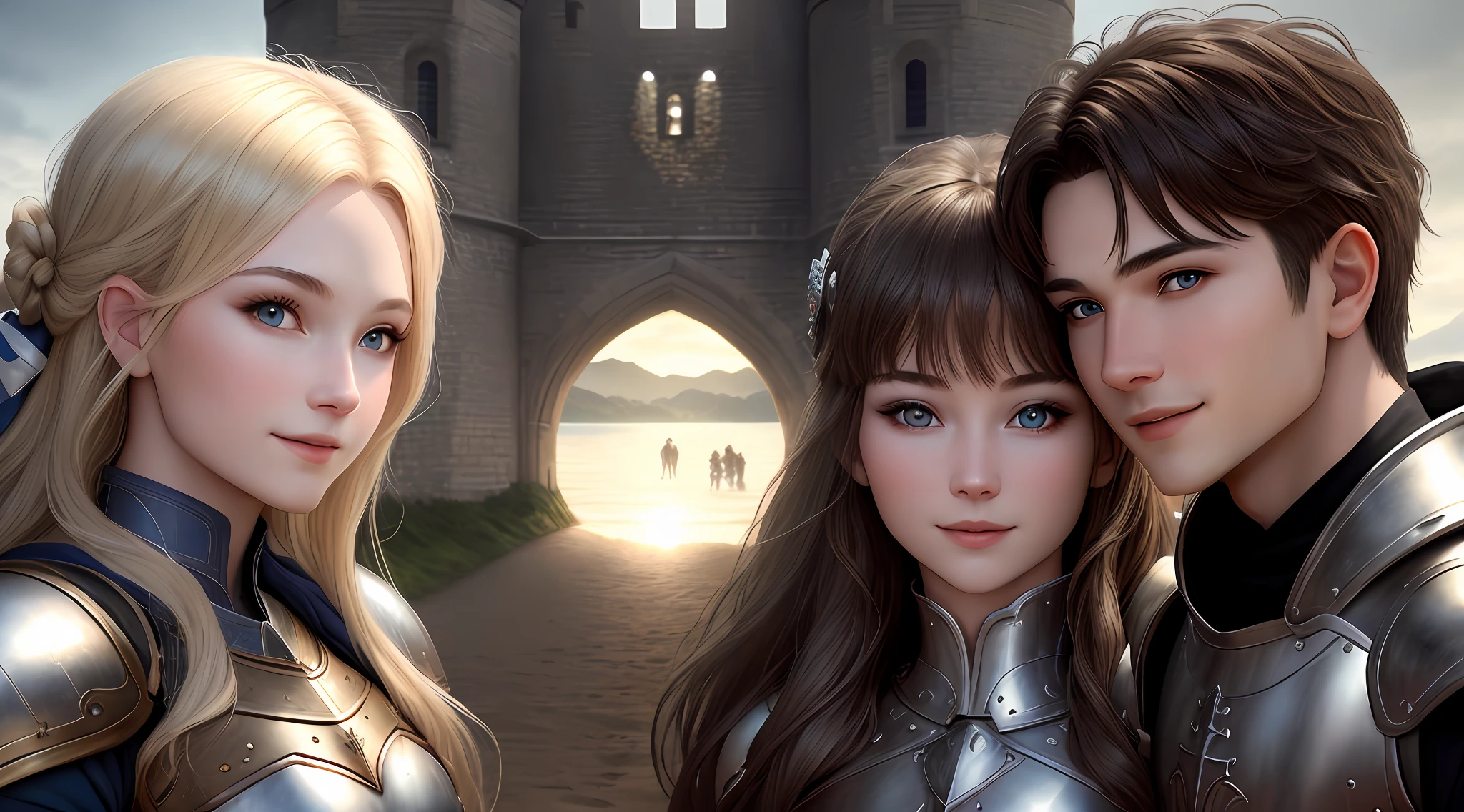 Photography, hyper-realistic, 8k, medieval, armor, (couple's eyes looking at each other: 2) animal skin, castle in the background, three people, (1boy:1.2) couple, smiling, symmetrical action, bottom view, central light source, Optimal light, volumetric light, masterpieces, close-ups of faces, micro-expressions, eye-to-eye. ——V 6
